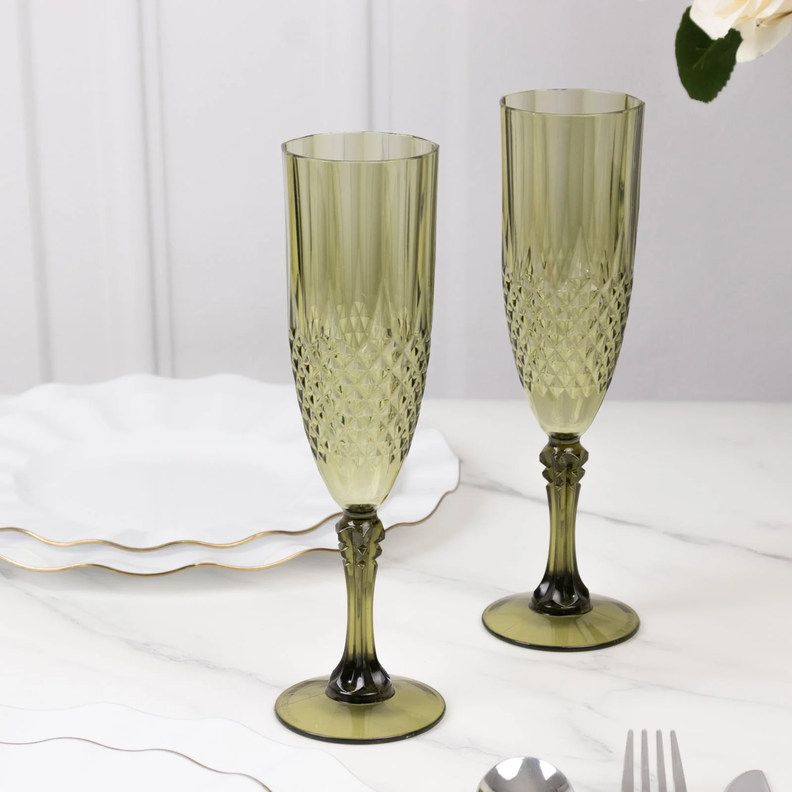6-Pack Transparent Plastic Champagne Glasses 8oz, Crystal Cut Style Dusty Sage Green - Shatterproof Wedding Toast Flutes - Image 5