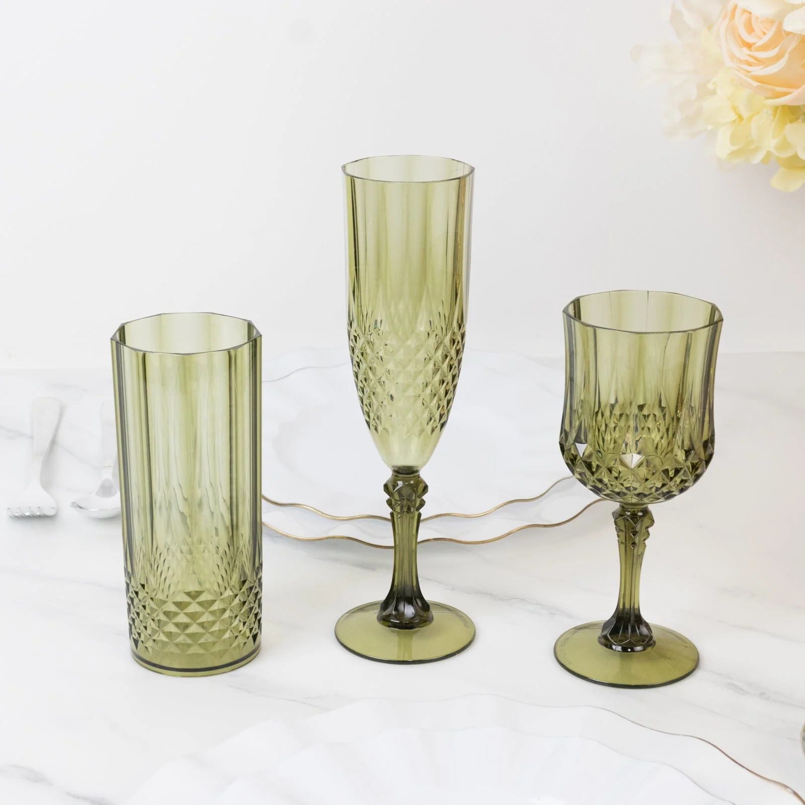 6-Pack Transparent Plastic Champagne Glasses 8oz, Crystal Cut Style Dusty Sage Green - Shatterproof Wedding Toast Flutes - Image 7
