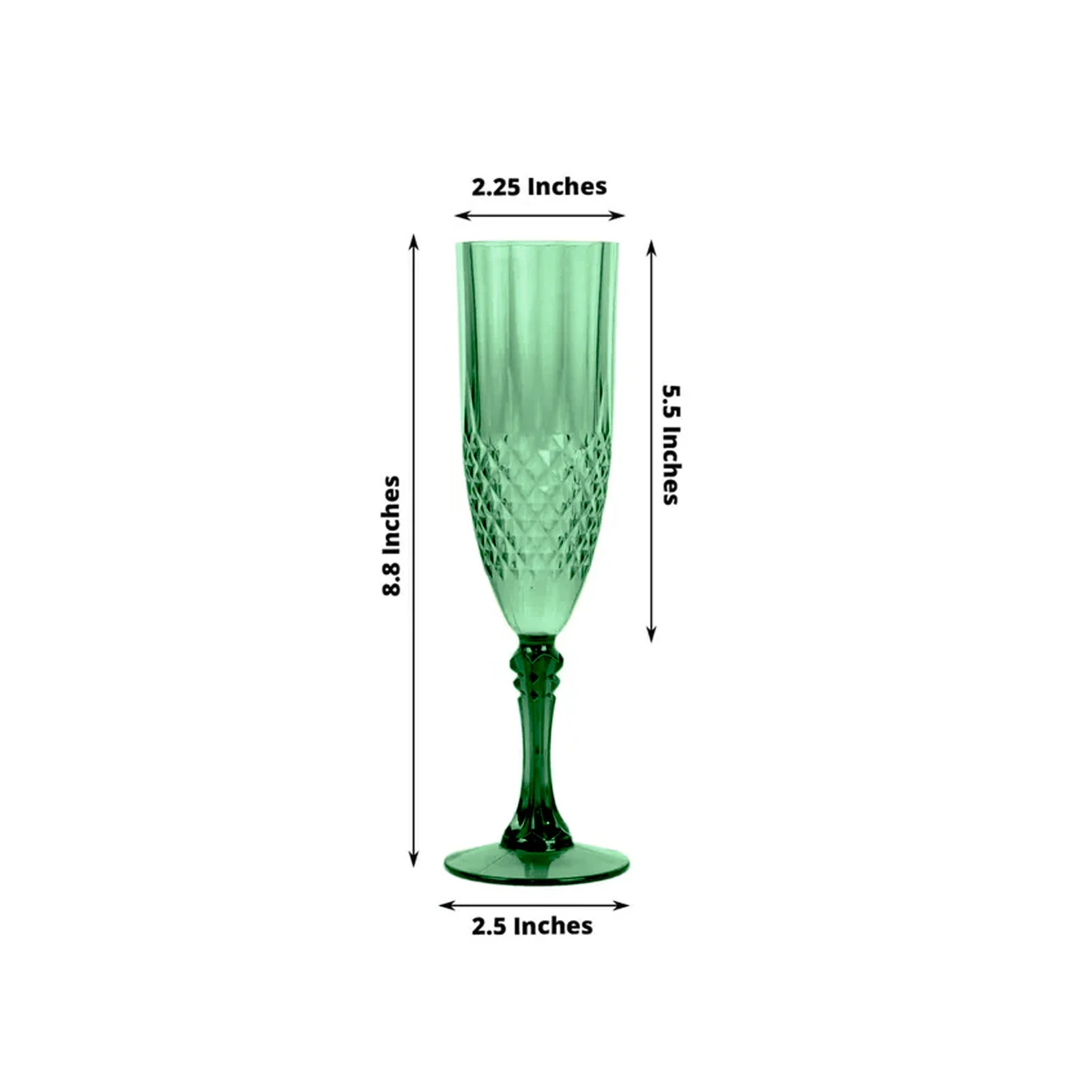 6-Pack Transparent Plastic Champagne Glasses 8oz, Crystal Cut Style Hunter Emerald Green - Shatterproof Wedding Toast Flutes - Image 3