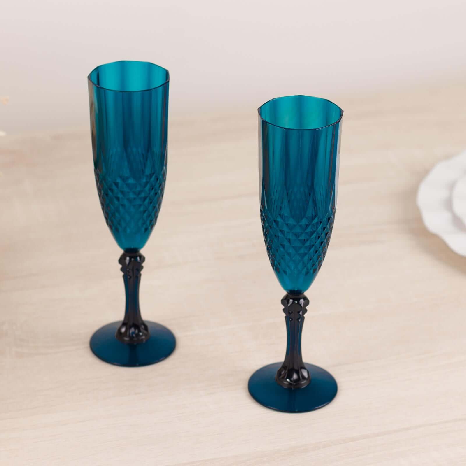 6-Pack Transparent Plastic Champagne Glasses 8oz, Crystal Cut Style Navy Blue - Shatterproof Wedding Toast Flutes - Image 2
