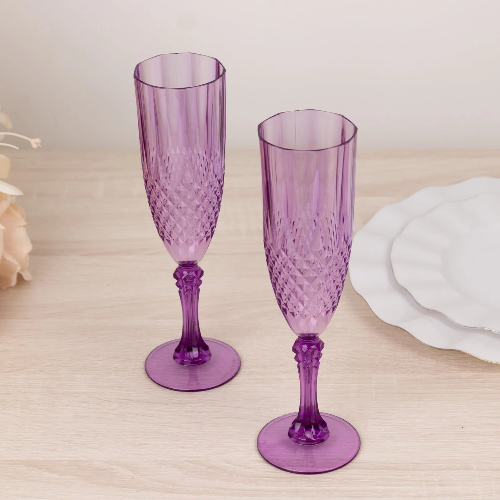 6-Pack Transparent Plastic Champagne Glasses 8oz, Crystal Cut Style Purple - Shatterproof Wedding Toast Flutes - Image 7