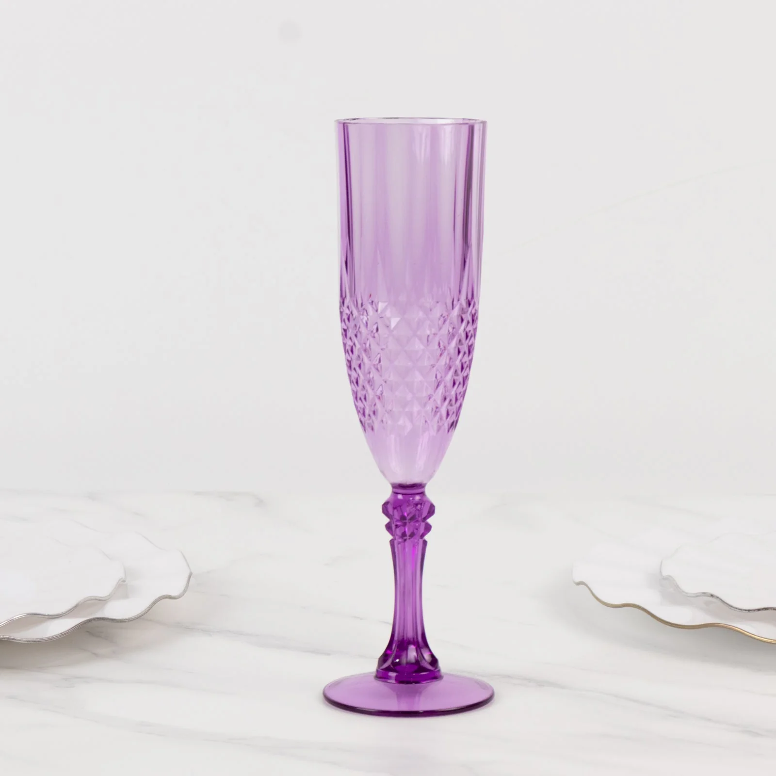 6-Pack Transparent Plastic Champagne Glasses 8oz, Crystal Cut Style Purple - Shatterproof Wedding Toast Flutes - Image 8