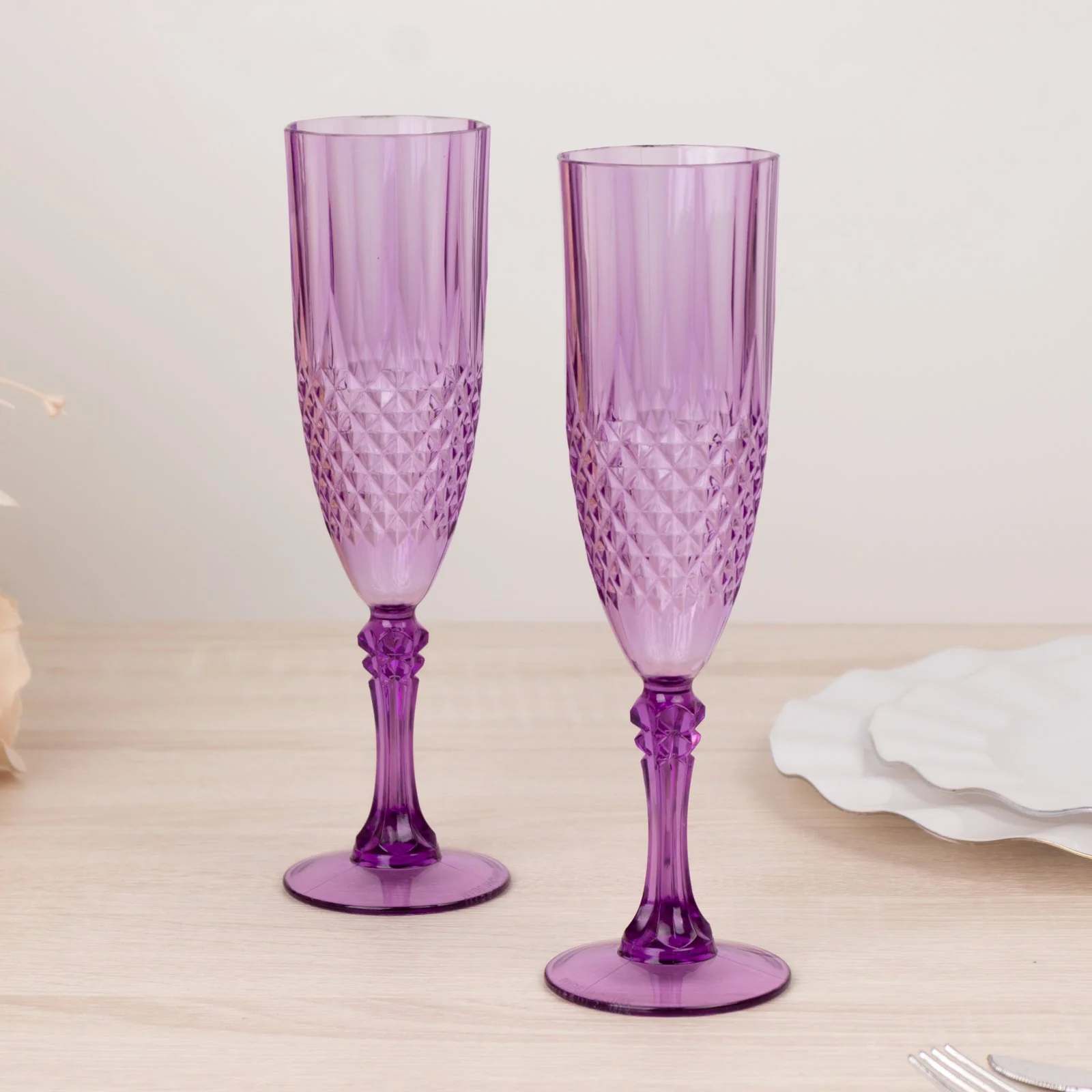 6-Pack Transparent Plastic Champagne Glasses 8oz, Crystal Cut Style Purple - Shatterproof Wedding Toast Flutes - Image 9