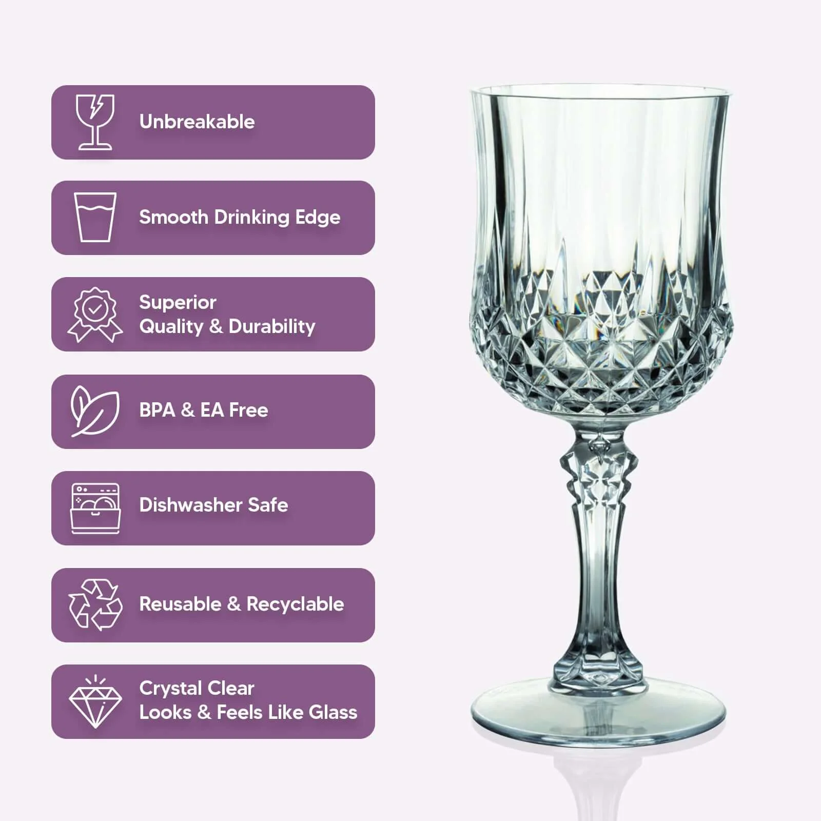6-Pack Transparent Plastic Crystal Cut Wine Glasses 8oz, Black - Shatterproof Cocktail Goblets - Image 4