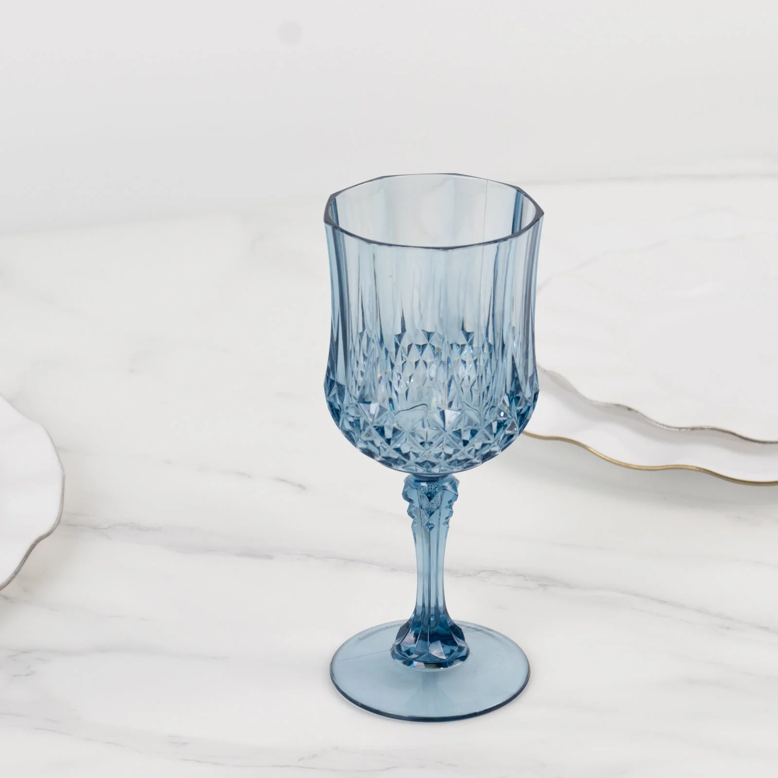 6-Pack Transparent Plastic Crystal Cut Wine Glasses 8oz, Dusty Blue - Shatterproof Cocktail Goblets - Image 2