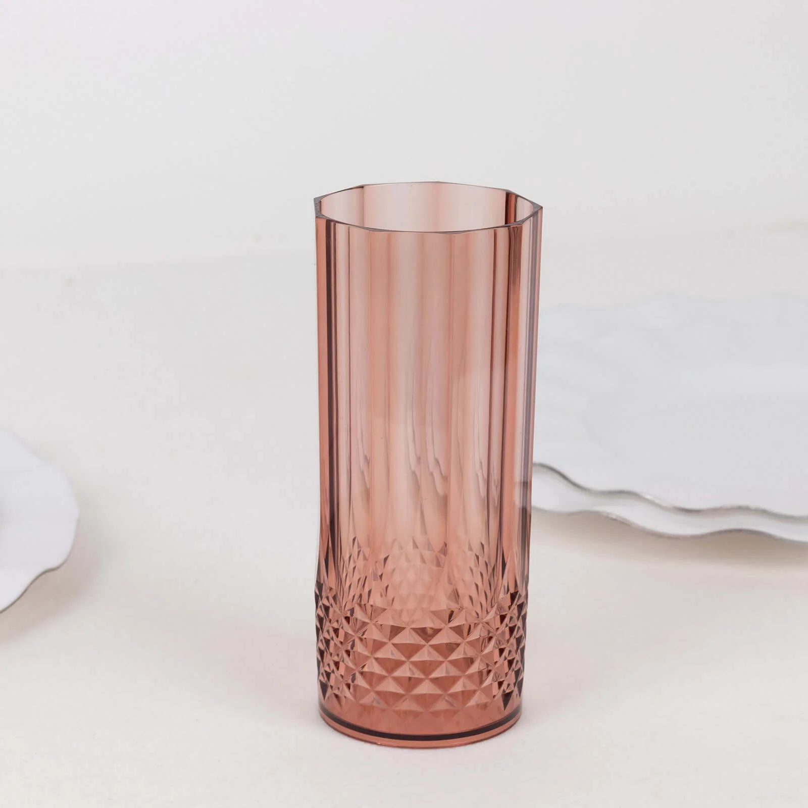 6-Pack Transparent Plastic Highball Drink Glasses 14oz, Crystal Cut Style Dusty Rose - Shatterproof Tall Cocktail Tumblers - Image 2