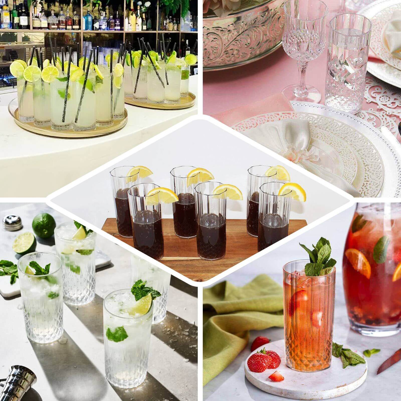 6-Pack Transparent Plastic Highball Drink Glasses 14oz, Crystal Cut Style Dusty Rose - Shatterproof Tall Cocktail Tumblers - Image 6