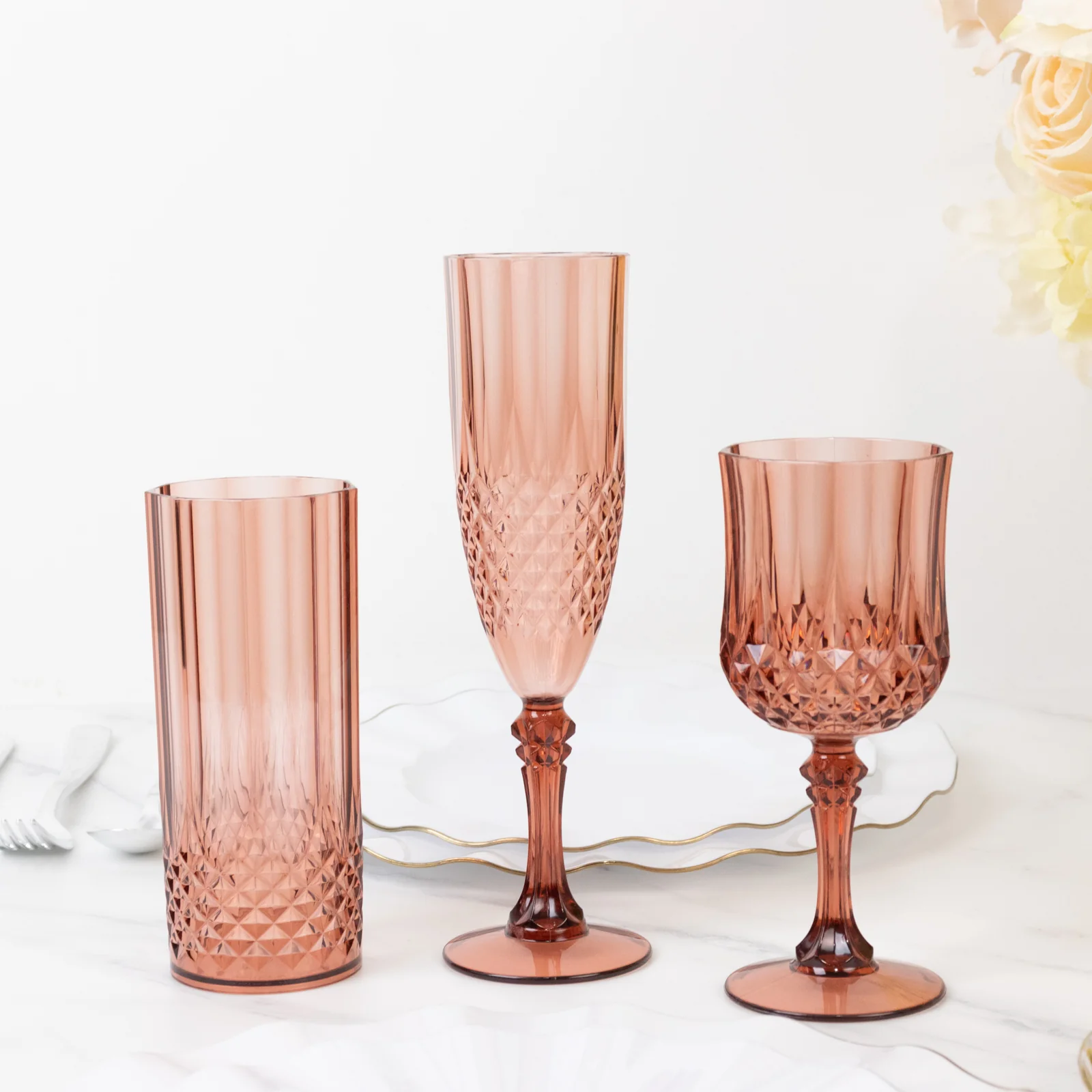 6-Pack Transparent Plastic Highball Drink Glasses 14oz, Crystal Cut Style Dusty Rose - Shatterproof Tall Cocktail Tumblers - Image 8