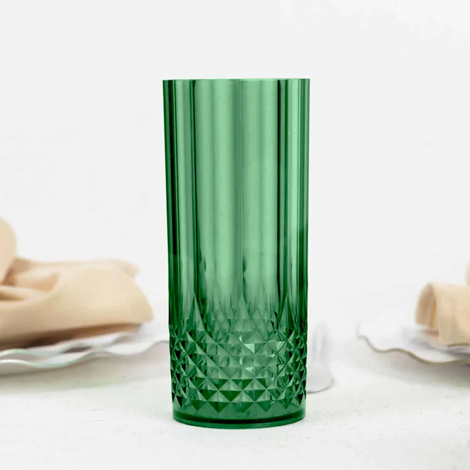 6-Pack Transparent Plastic Highball Drink Glasses 14oz, Crystal Cut Style Hunter Emerald Green - Shatterproof Tall Cocktail Tumblers