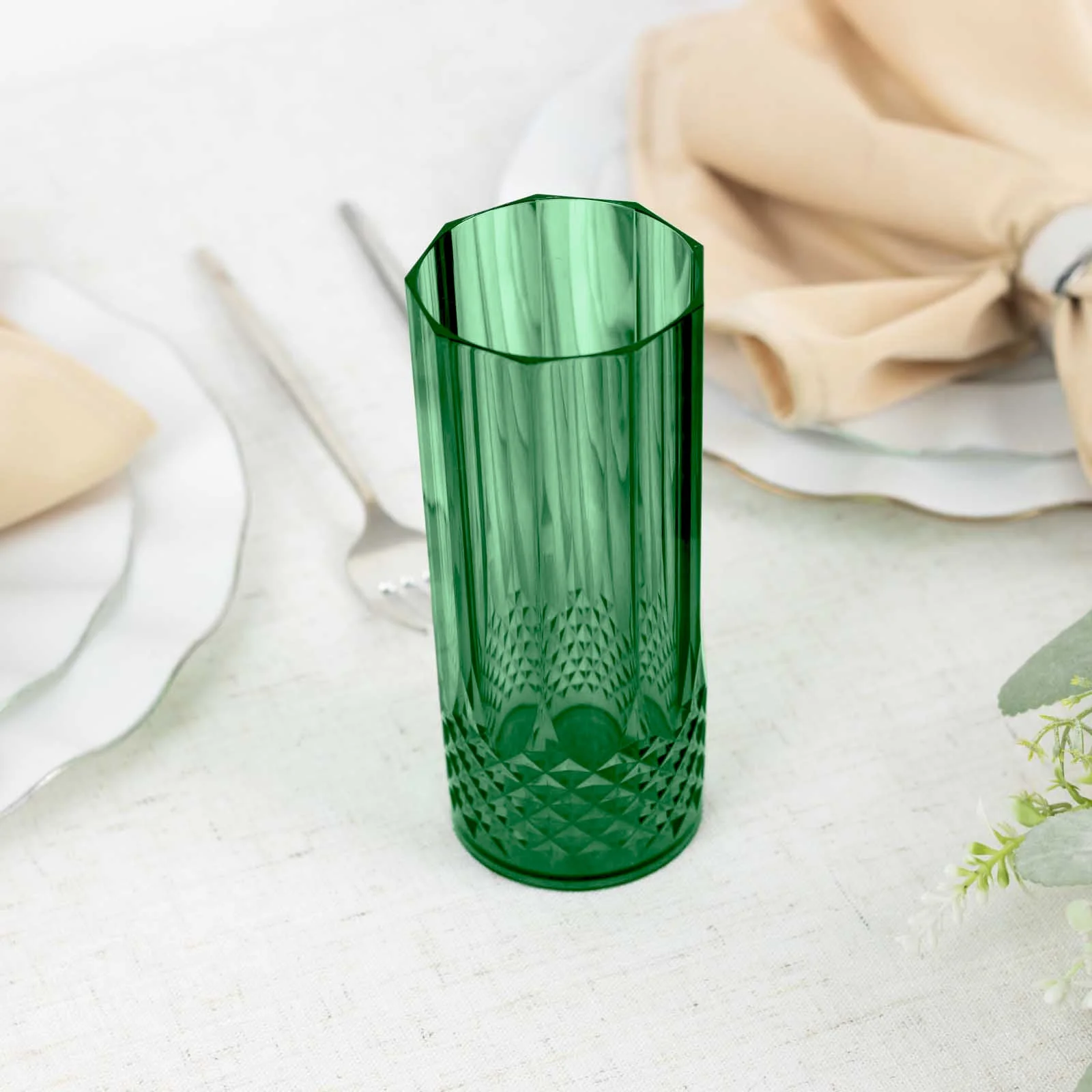 6-Pack Transparent Plastic Highball Drink Glasses 14oz, Crystal Cut Style Hunter Emerald Green - Shatterproof Tall Cocktail Tumblers - Image 2