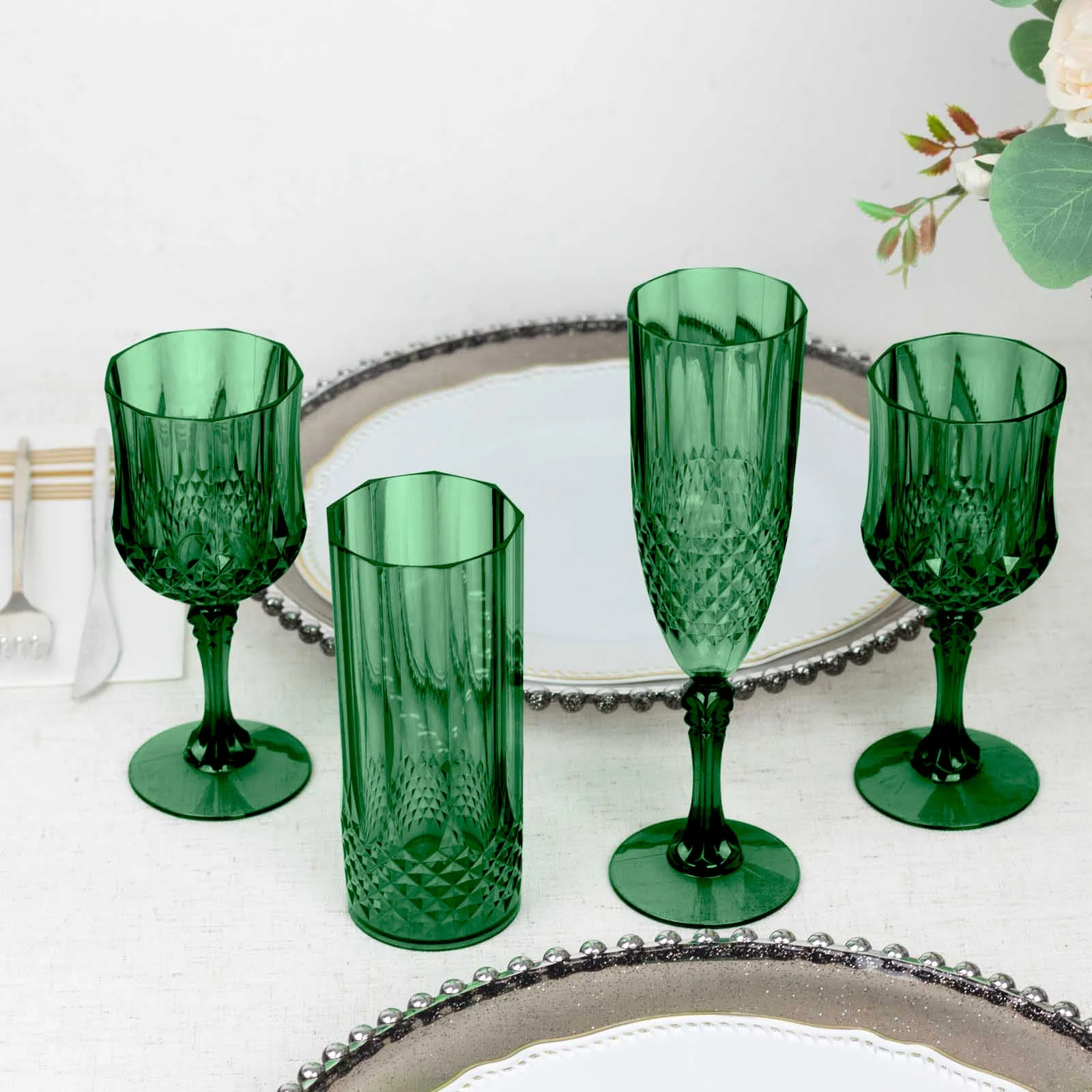 6-Pack Transparent Plastic Highball Drink Glasses 14oz, Crystal Cut Style Hunter Emerald Green - Shatterproof Tall Cocktail Tumblers - Image 8
