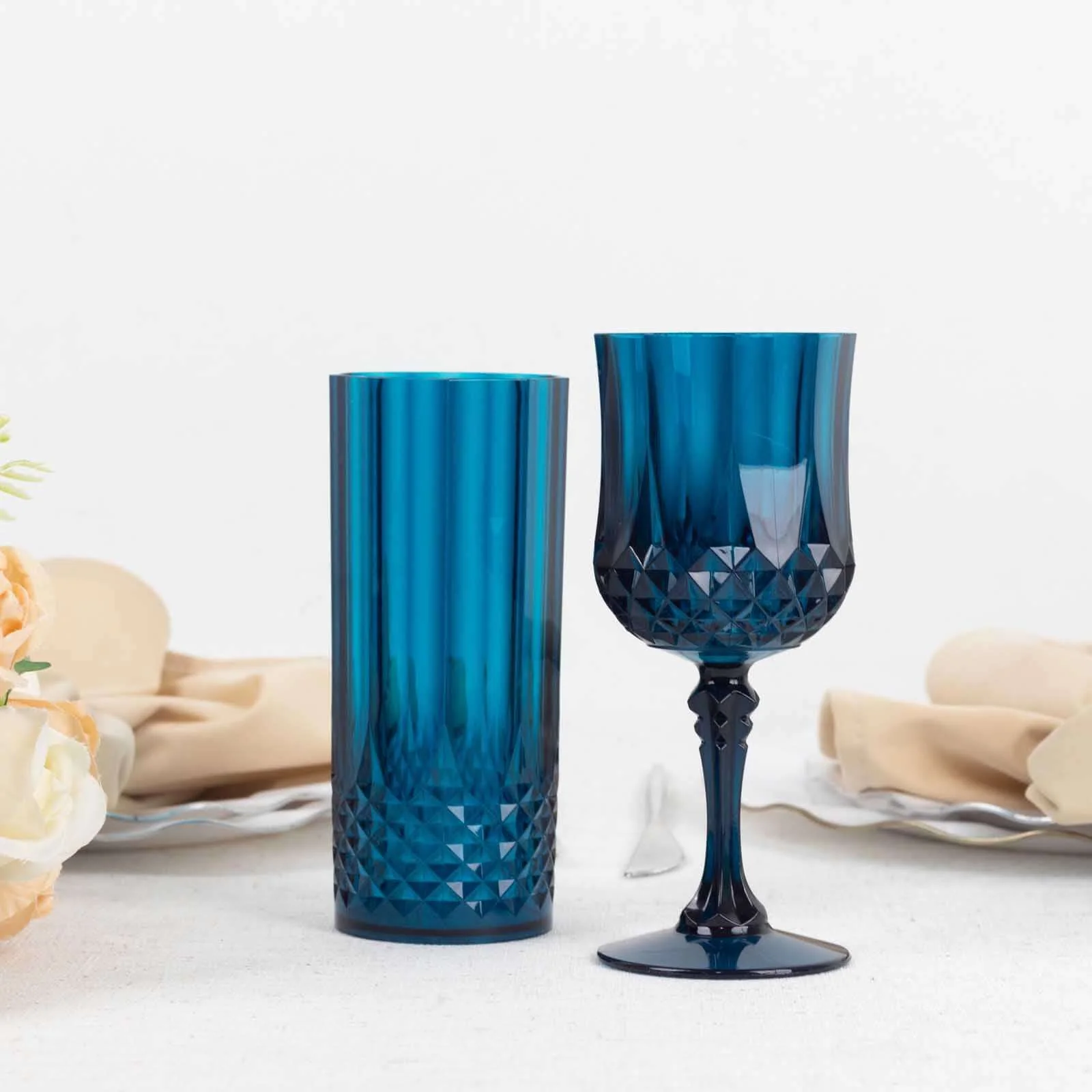 6-Pack Transparent Plastic Highball Drink Glasses 14oz, Crystal Cut Style Navy Blue - Shatterproof Tall Cocktail Tumblers - Image 9