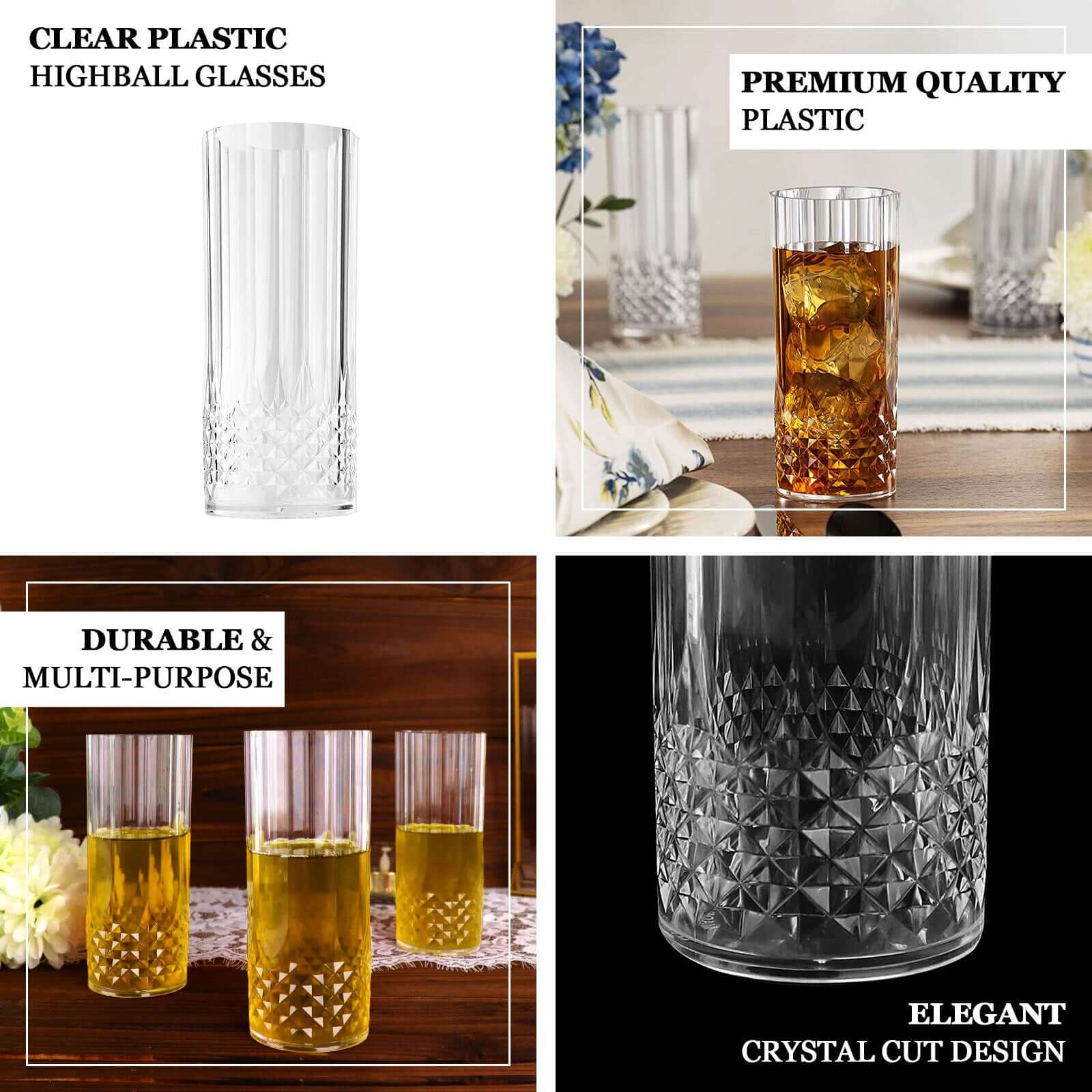 6-Pack Transparent Plastic Highball Drink Glasses 14oz, Crystal Cut Style Purple - Shatterproof Tall Cocktail Tumblers - Image 3