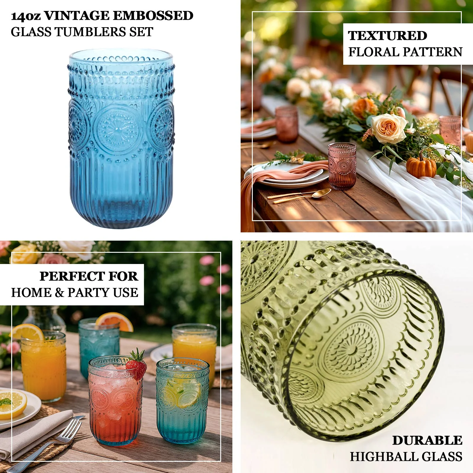 6-Pack Vintage Embossed Glass Tumblers 14oz Highball Design Ocean Blue - Textured Floral Pattern for Cocktails & Drinks - Image 3