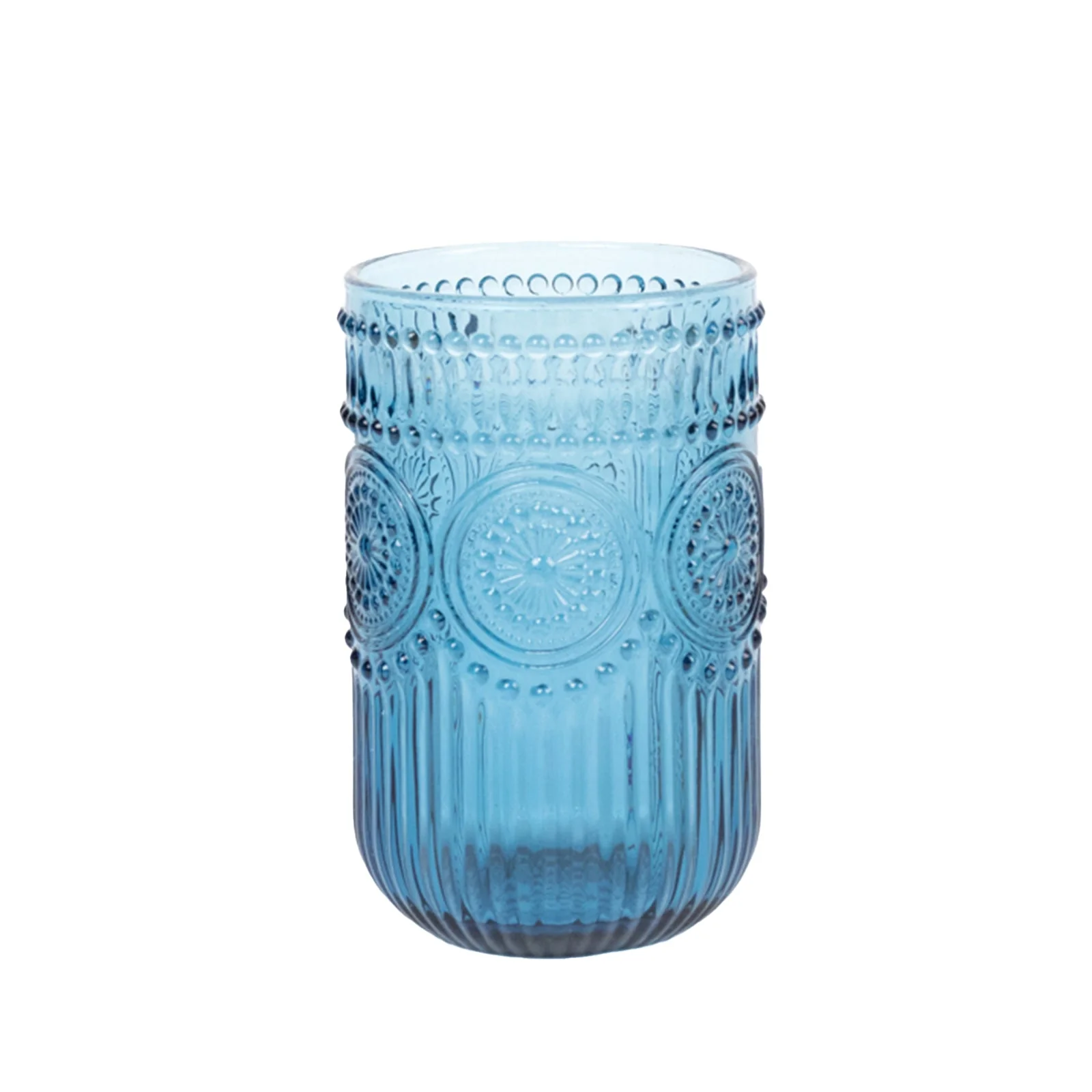 6-Pack Vintage Embossed Glass Tumblers 14oz Highball Design Ocean Blue - Textured Floral Pattern for Cocktails & Drinks - Image 5