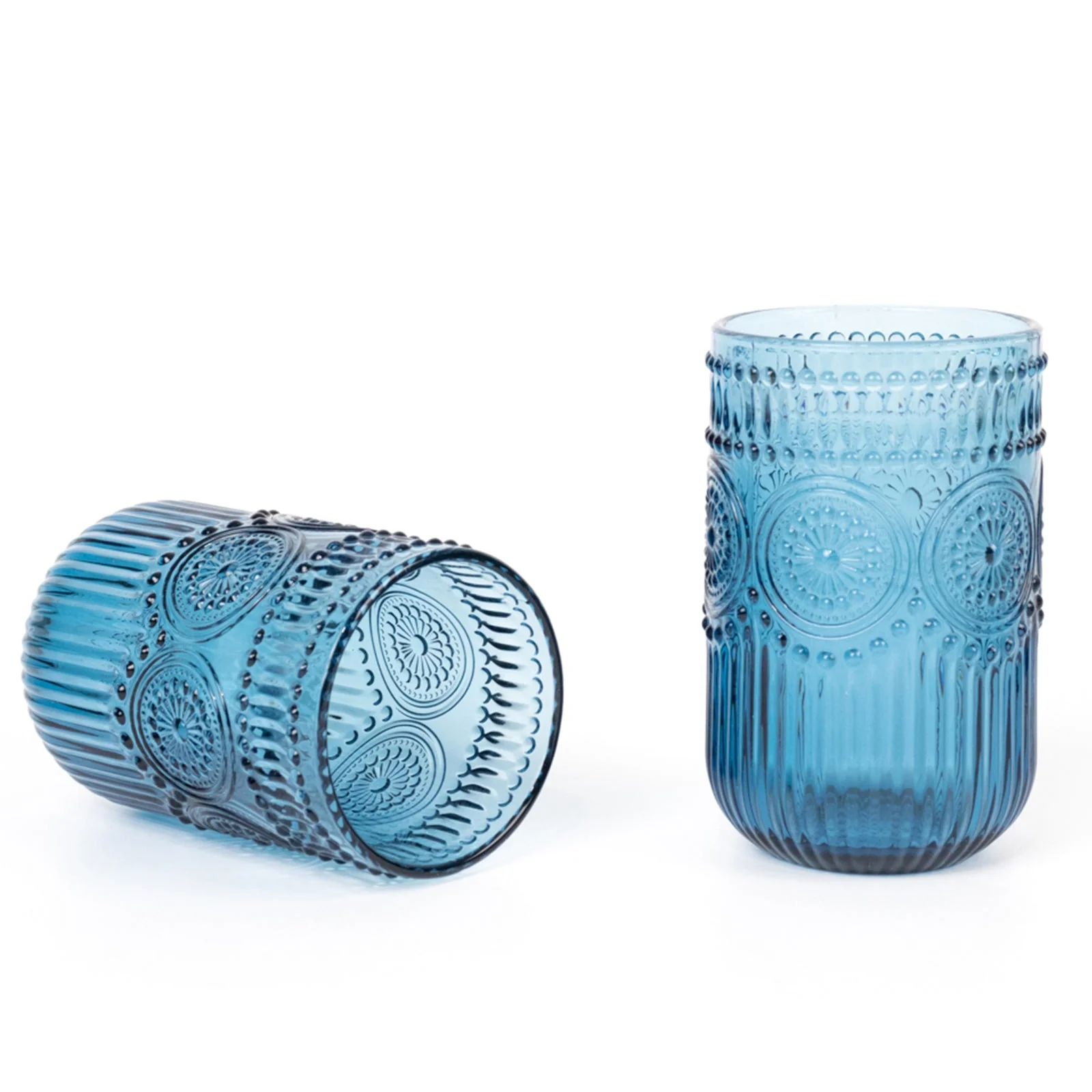 6-Pack Vintage Embossed Glass Tumblers 14oz Highball Design Ocean Blue - Textured Floral Pattern for Cocktails & Drinks - Image 7