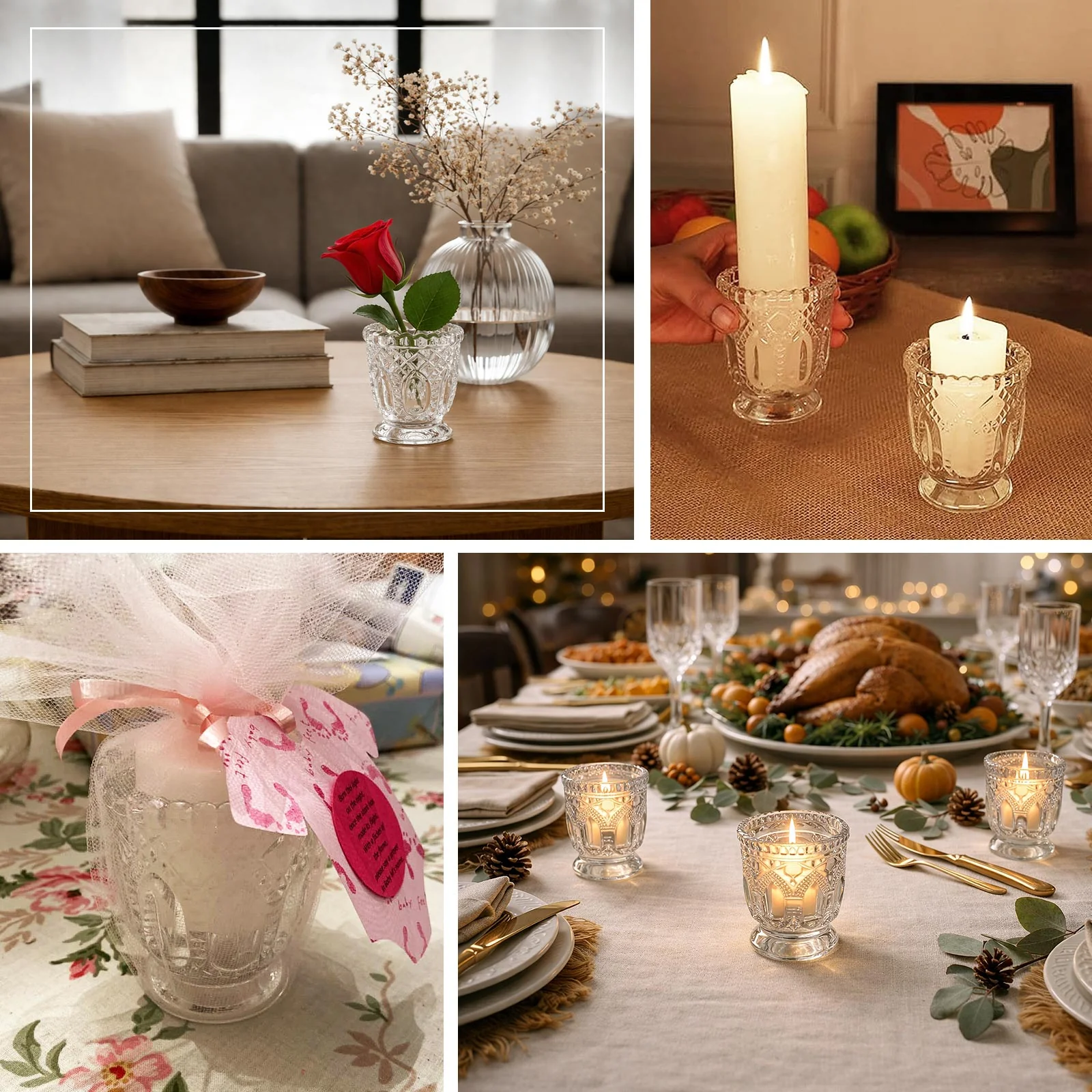 6 Pack Clear Glass Candle Holders 3" – Vintage Textured Decorative Candle Cups for Wedding Table Centerpieces & Gift Decor - Image 5