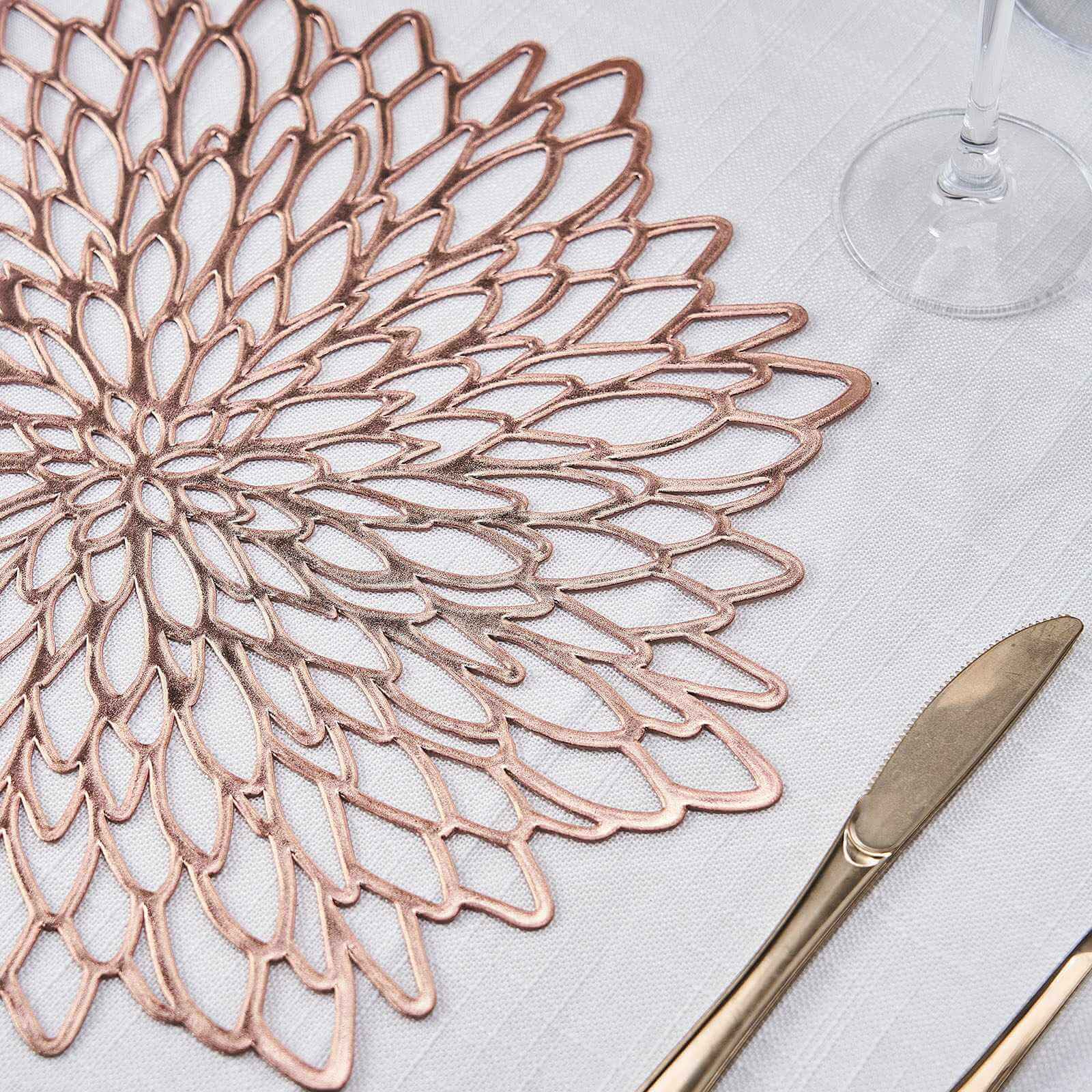 6-Pack Vinyl Dining Table Mats 15" Floral Round Design Rose Gold - Non-Slip Placemats - Image 2
