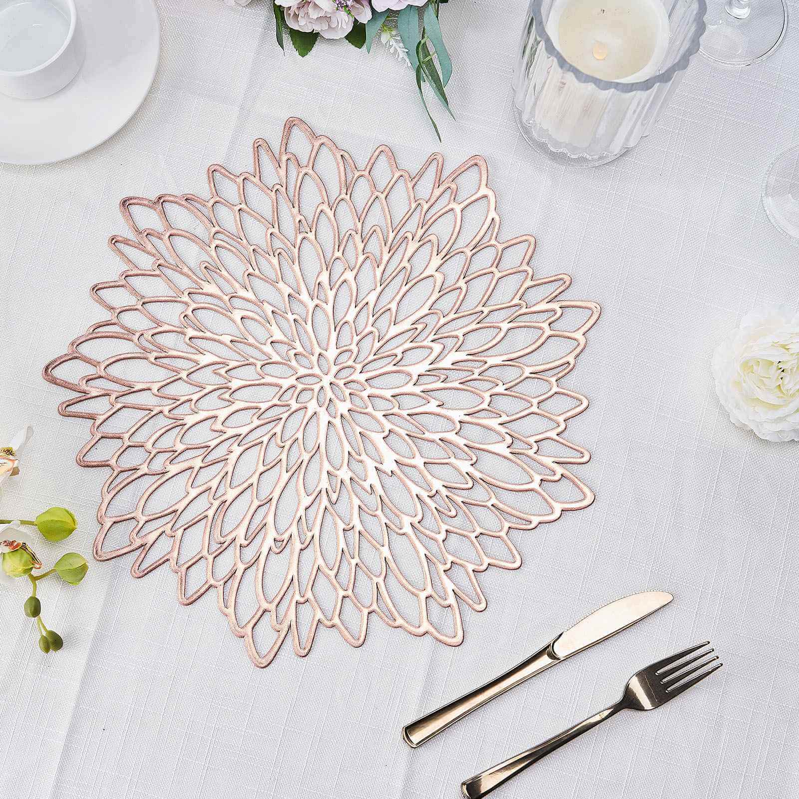 6-Pack Vinyl Dining Table Mats 15" Floral Round Design Rose Gold - Non-Slip Placemats - Image 6