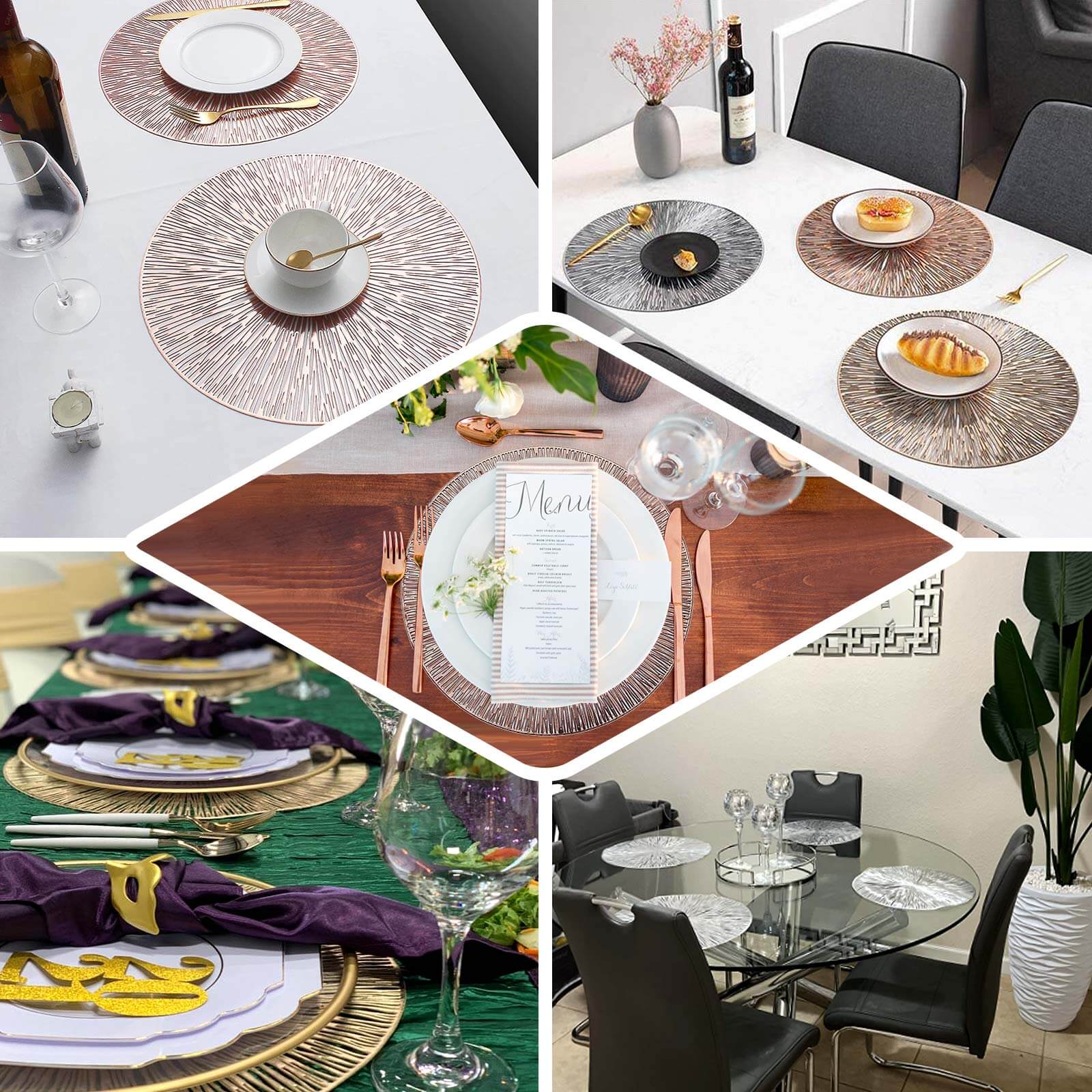 6-Pack Vinyl Dining Table Mats 15" Spiked Round Design Silver - Metallic Non-Slip - Image 5
