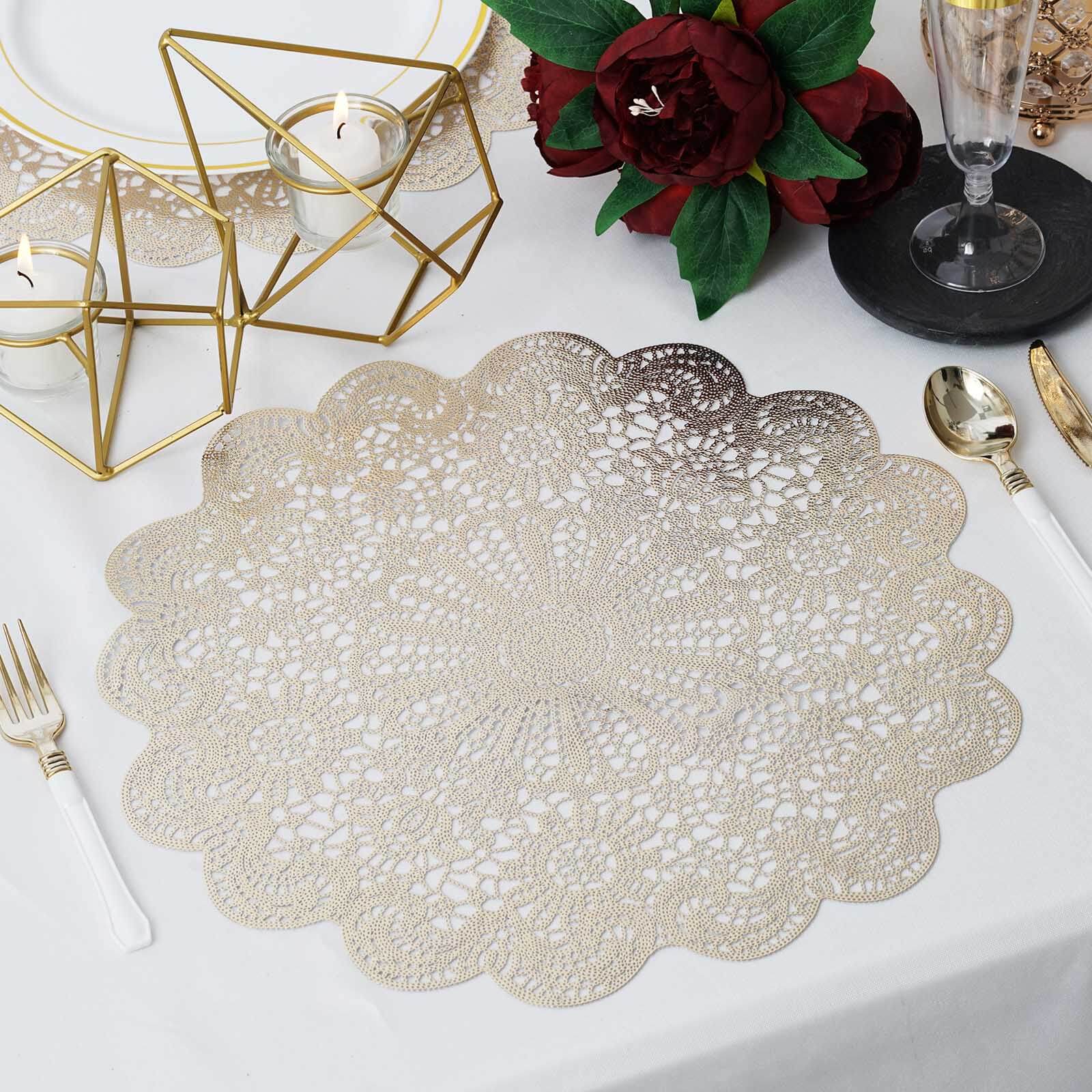 6-Pack Vinyl Dining Table Mats 15" Vintage Floral Lace Design Gold - Non-Slip Placemats - Image 8