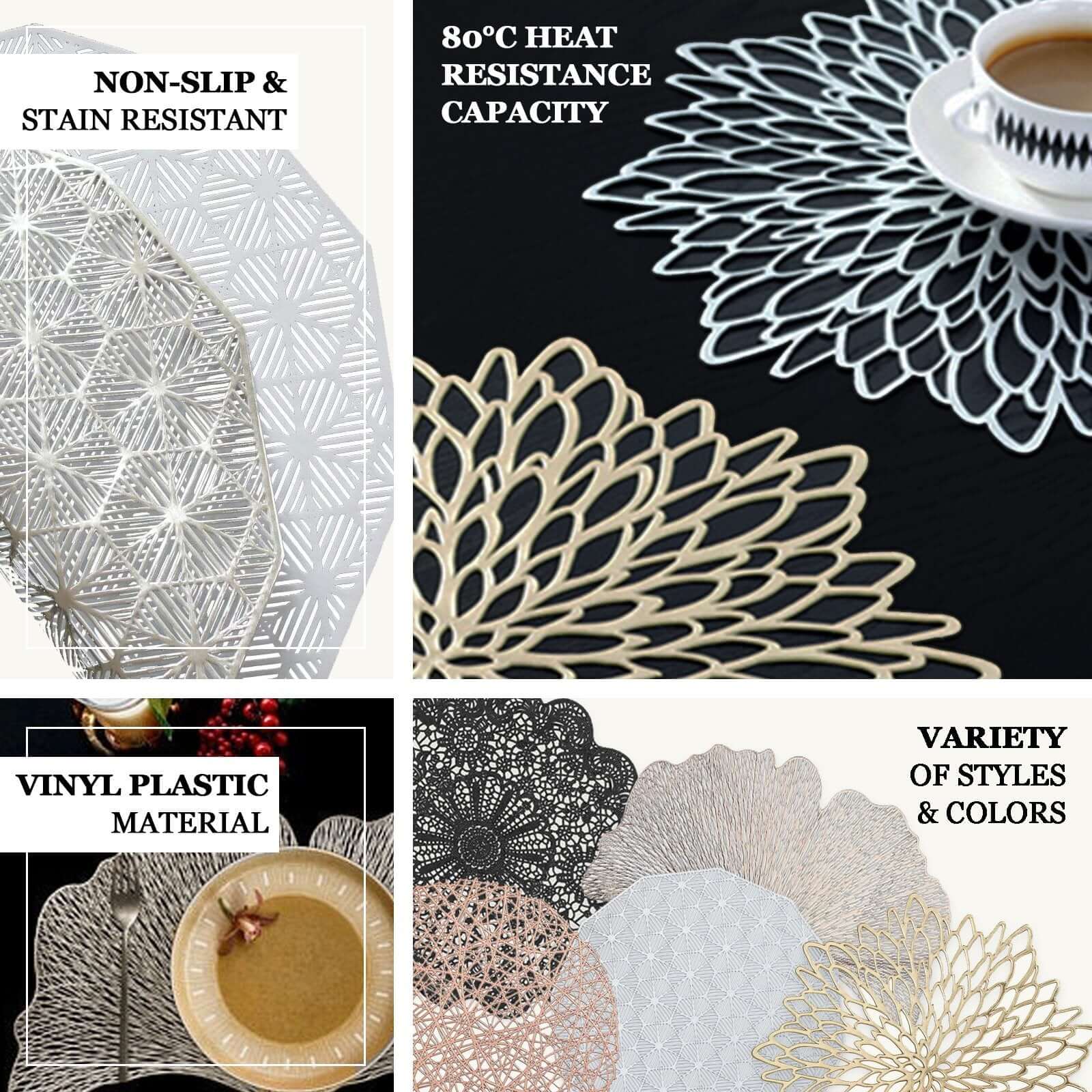 6-Pack Vinyl Dining Table Mats 15" Vintage Floral Lace Design White - Non-Slip and Easy to Clean - Image 4