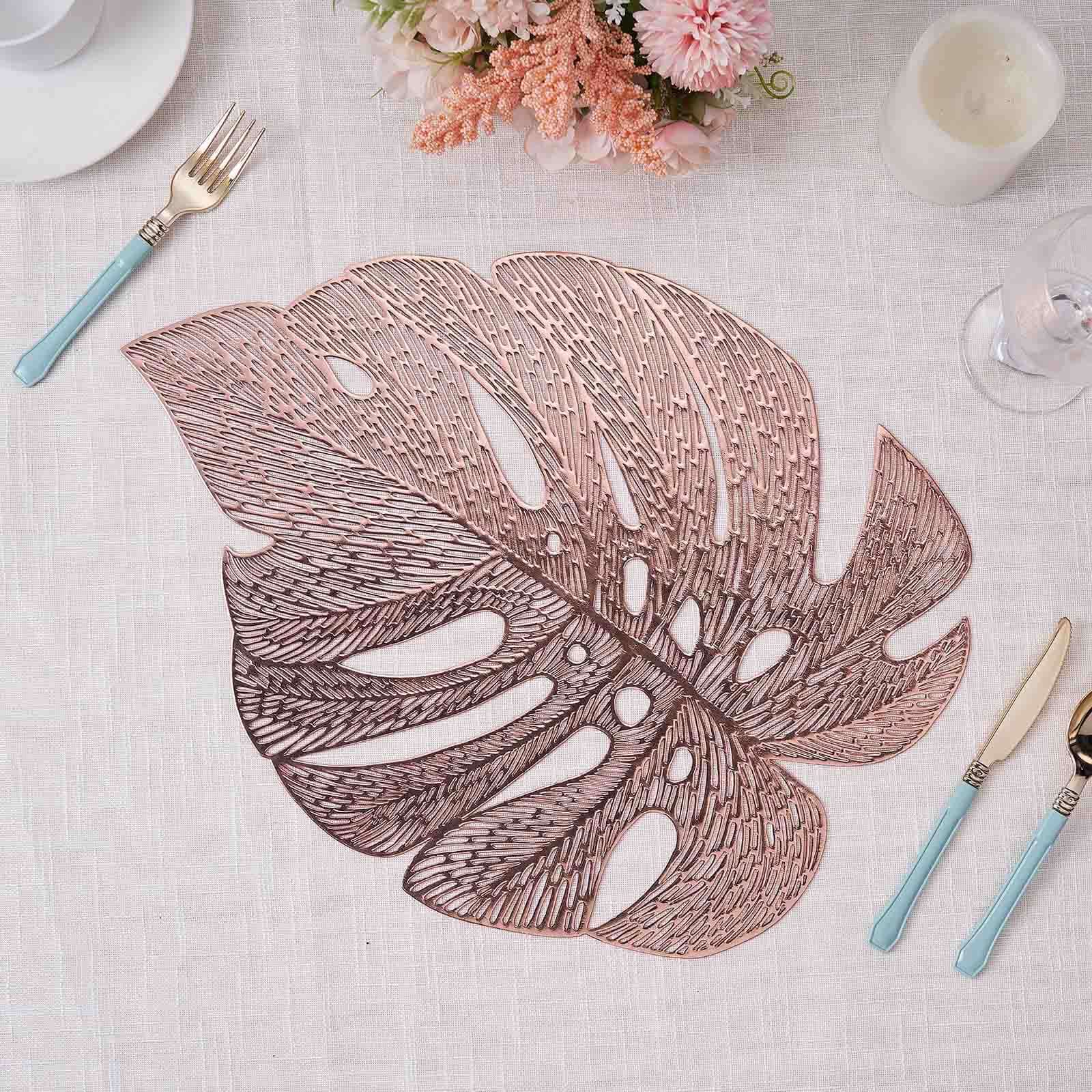 6-Pack Vinyl Dining Table Mats 18" Monstera Leaf Design Rose Gold - Non-Slip Placemats - Image 15