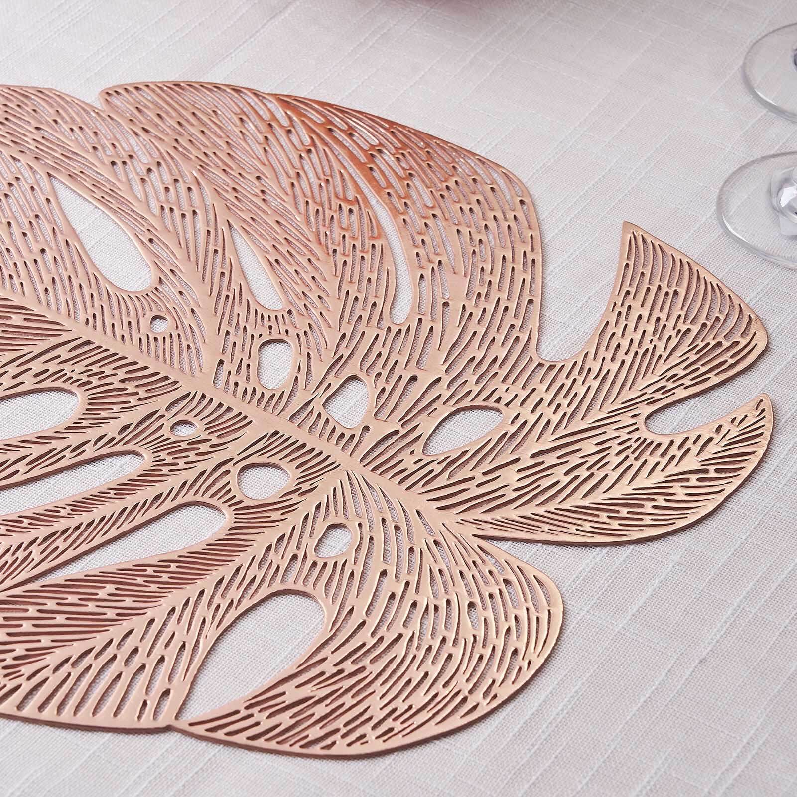6-Pack Vinyl Dining Table Mats 18" Monstera Leaf Design Rose Gold - Non-Slip Placemats - Image 2