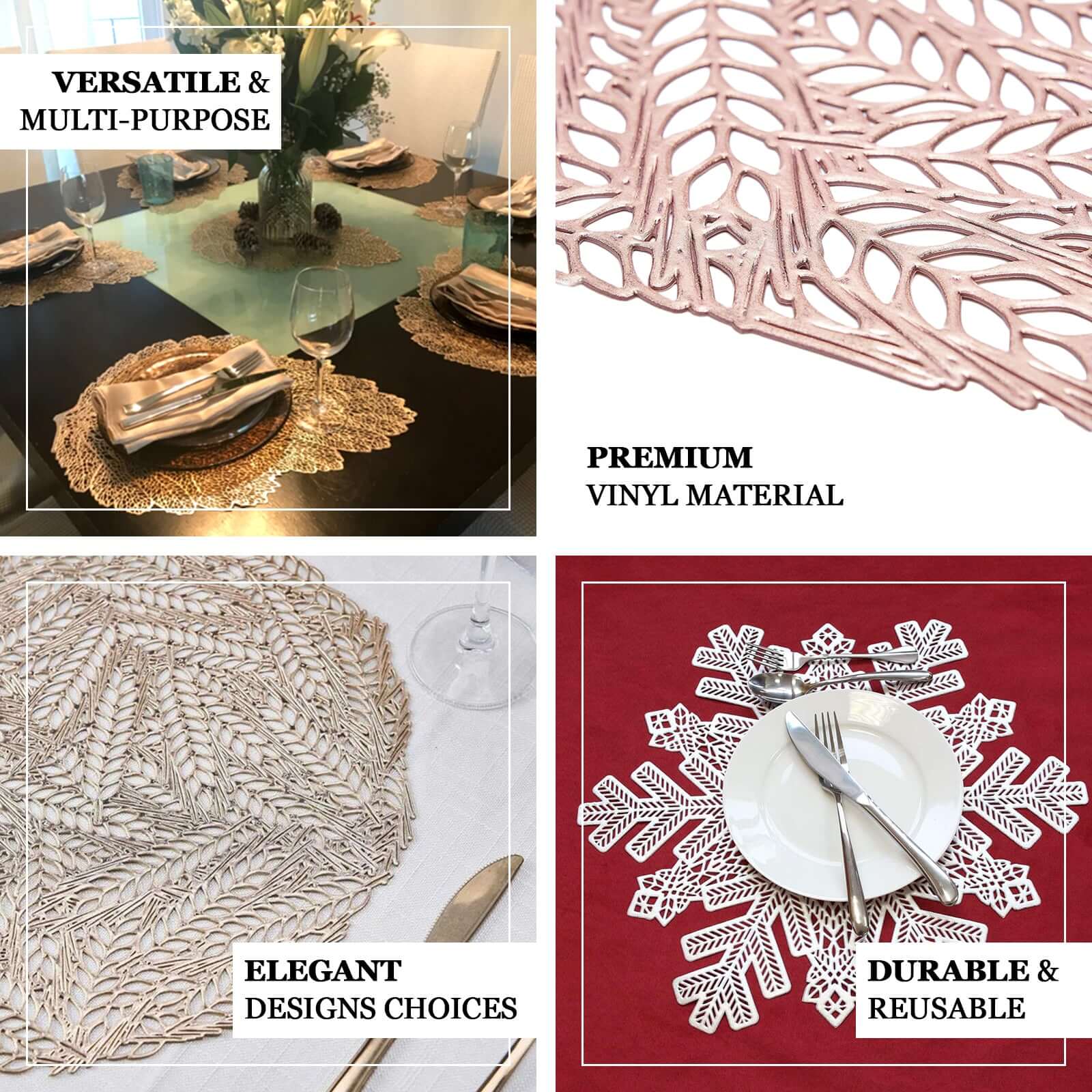 6-Pack Vinyl Dining Table Mats 18" Snowflake Design Silver - Metallic Non-Slip Surface for Holiday Themes - Image 4