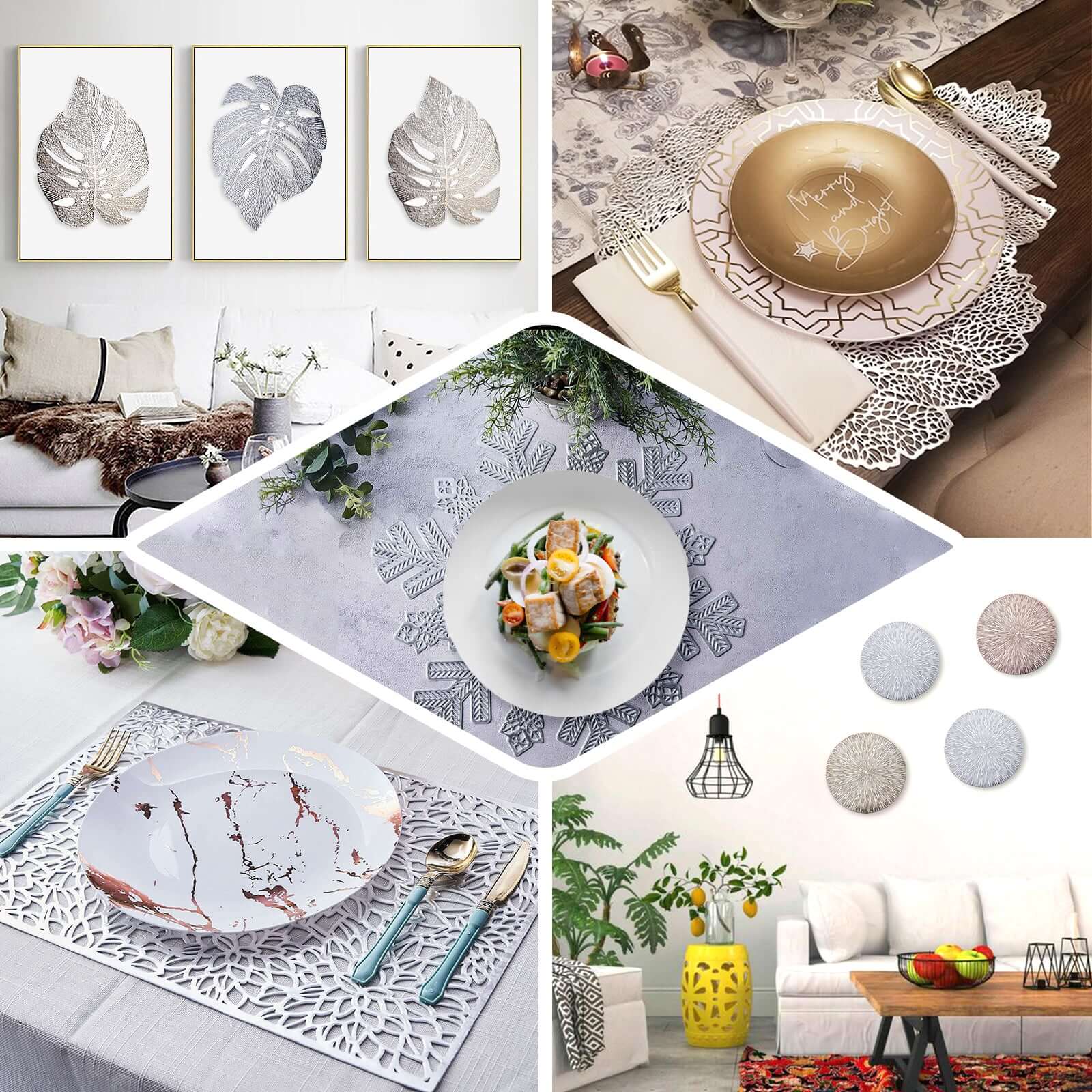6-Pack Vinyl Dining Table Mats 18" Snowflake Design Silver - Metallic Non-Slip Surface for Holiday Themes - Image 5