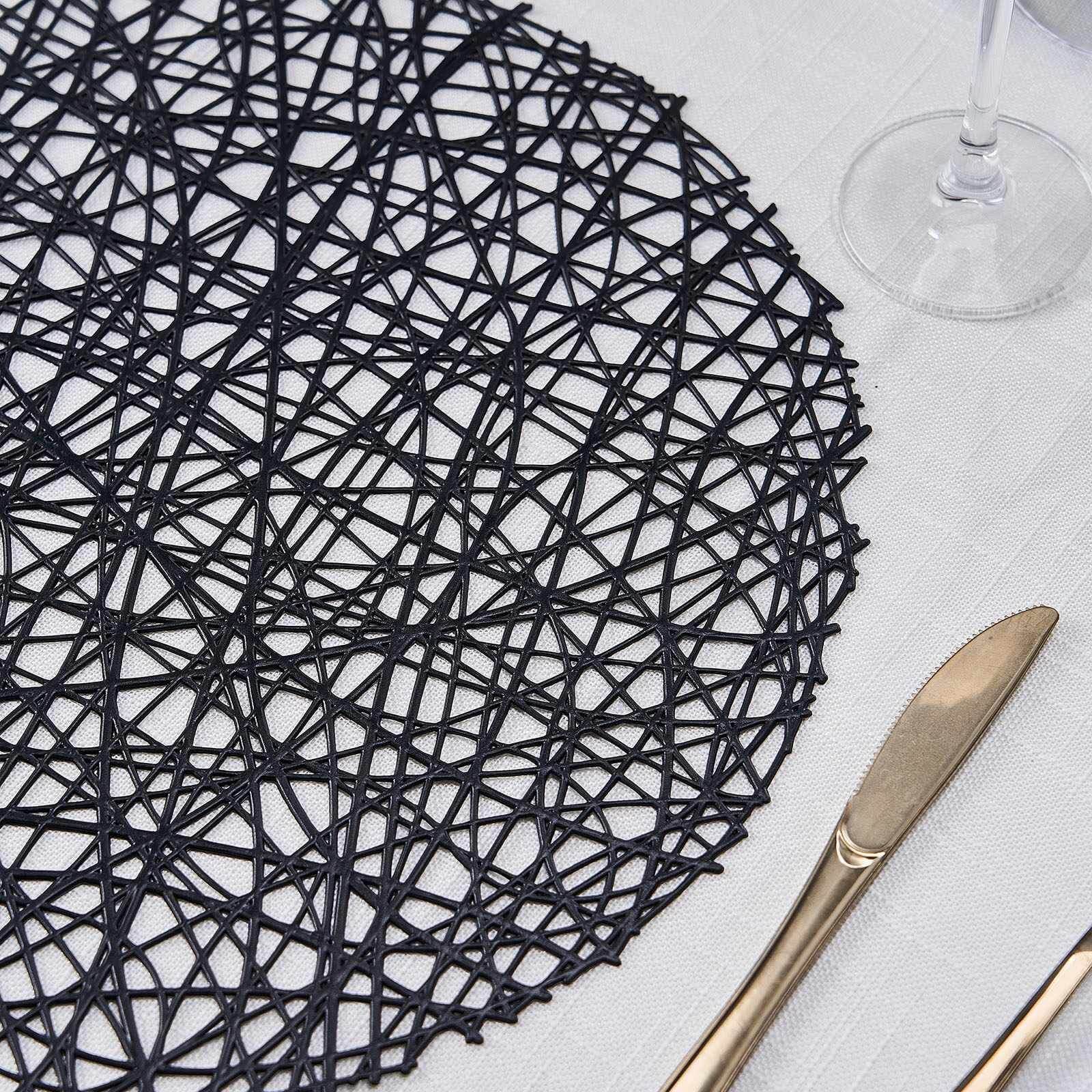 6-Pack Vinyl Placemats 15" Black Woven Design - Decorative Non-Slip Round Table Mats - Image 2