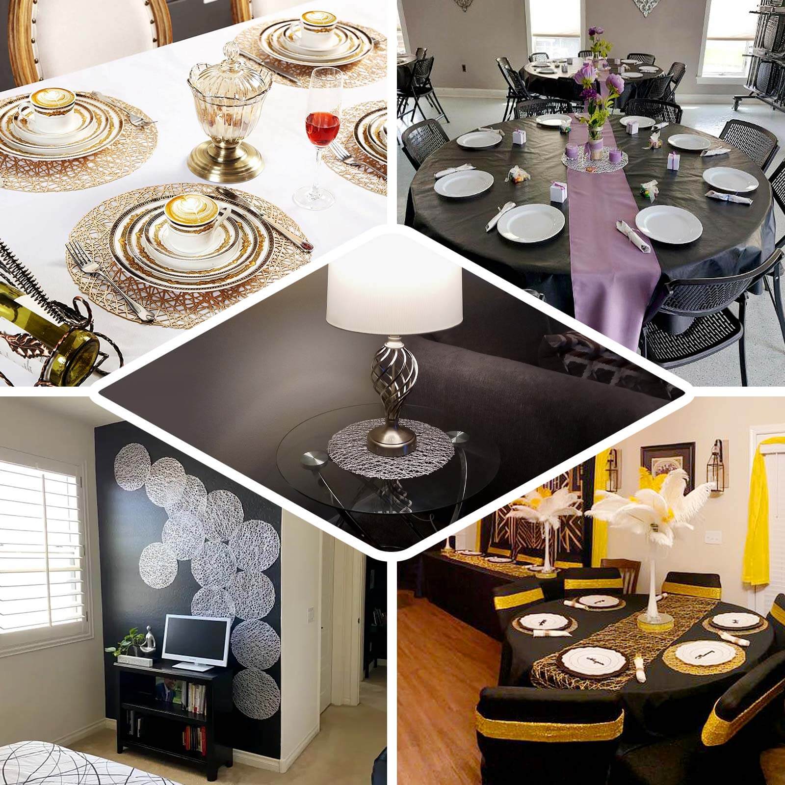 6-Pack Vinyl Placemats 15" Black Woven Design - Decorative Non-Slip Round Table Mats - Image 5