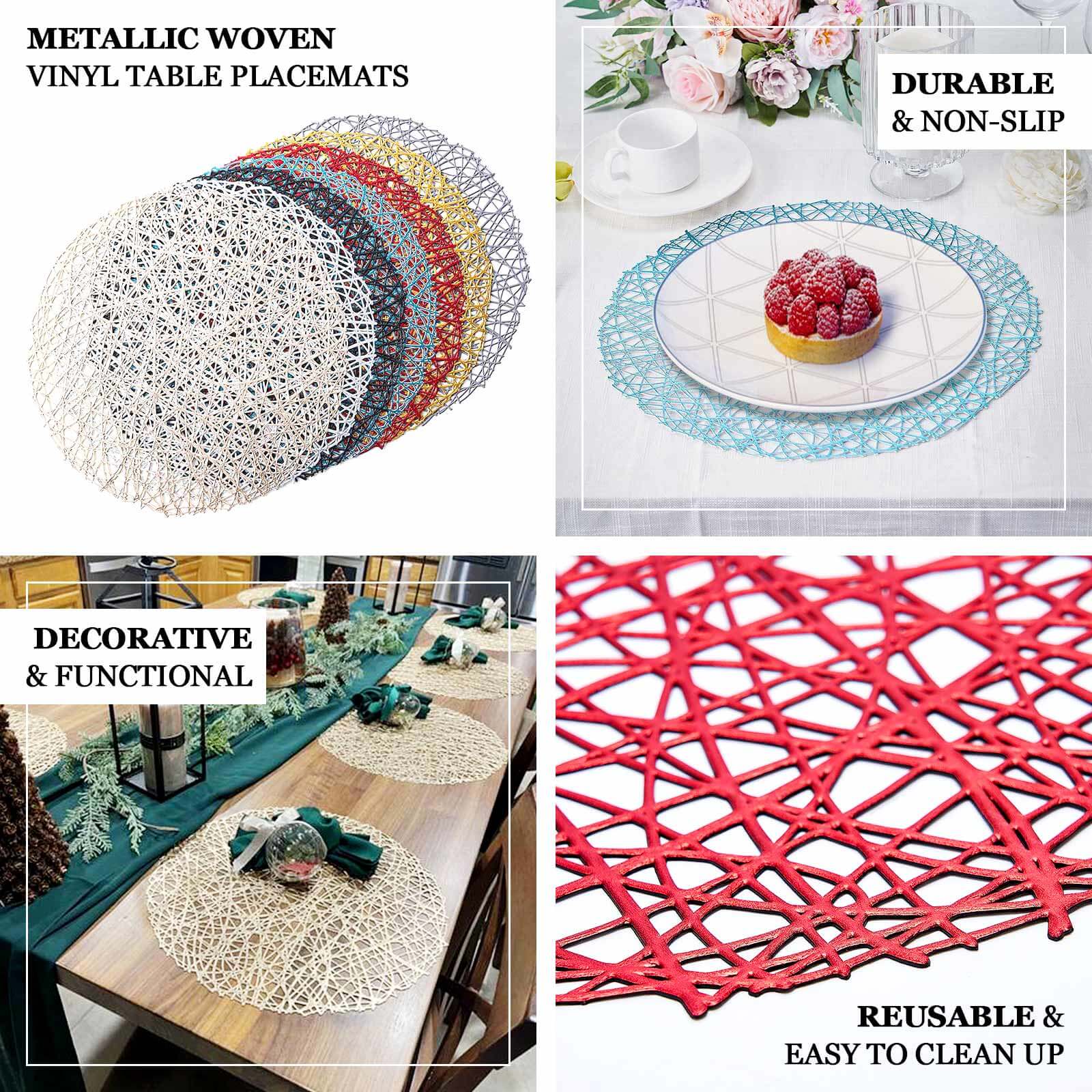 6-Pack Vinyl Placemats 15" Gold Metallic Woven Design - Decorative Non-Slip Round Table Mats - Image 4