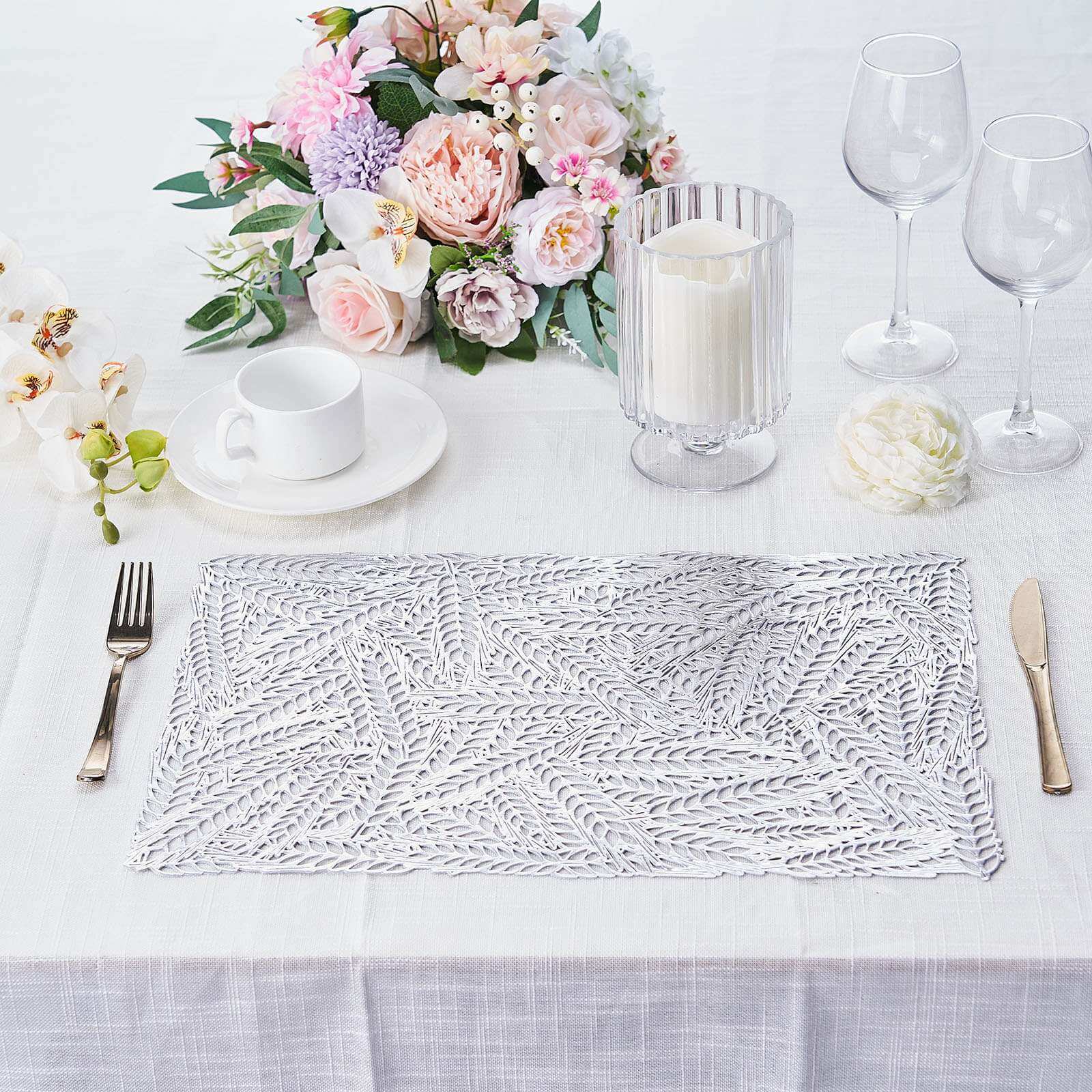 6-Pack Vinyl Rectangle Table Mats 12"x18" Wheat Design Silver - Metallic Non-Slip Surface - Image 10