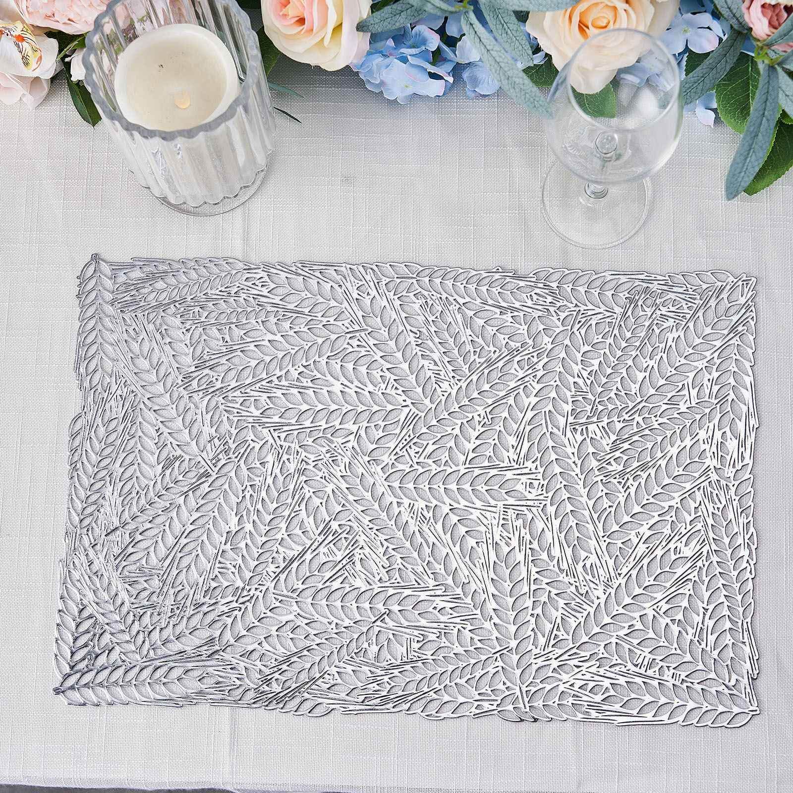 6-Pack Vinyl Rectangle Table Mats 12"x18" Wheat Design Silver - Metallic Non-Slip Surface - Image 12