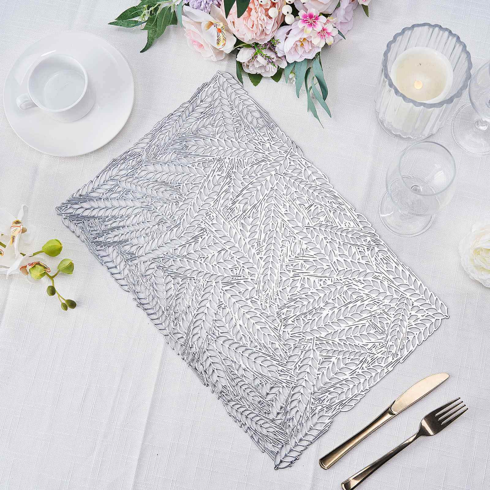 6-Pack Vinyl Rectangle Table Mats 12"x18" Wheat Design Silver - Metallic Non-Slip Surface - Image 13
