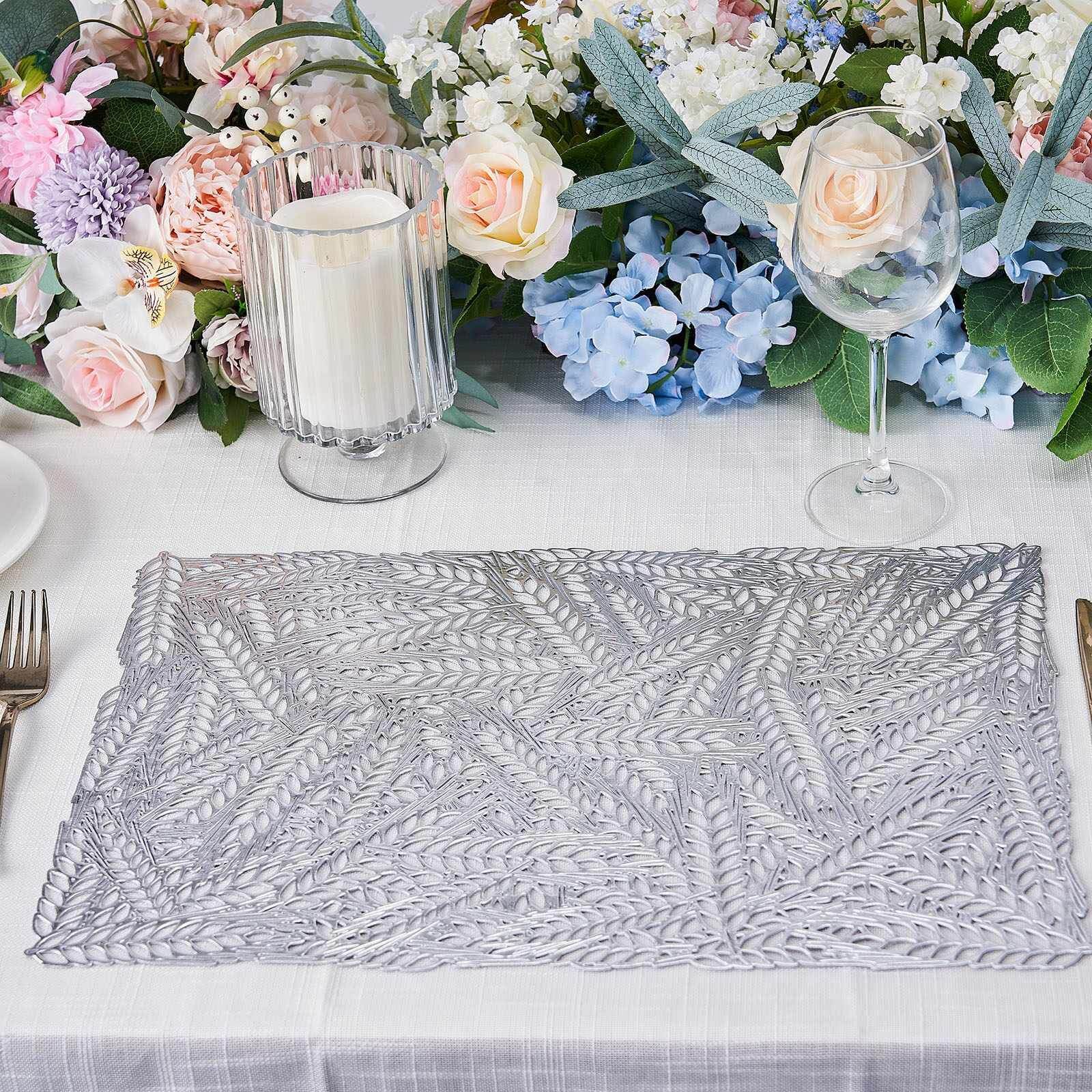 6-Pack Vinyl Rectangle Table Mats 12"x18" Wheat Design Silver - Metallic Non-Slip Surface - Image 16