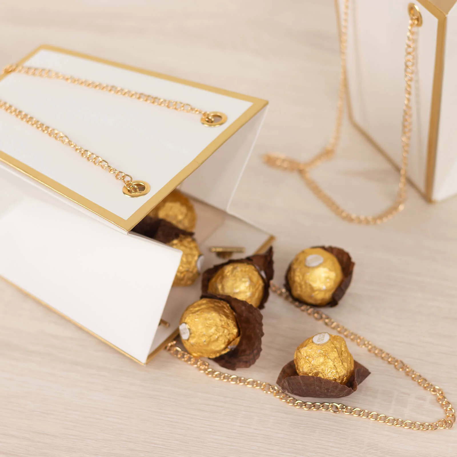 6 Pack White Gold Edge Paper Flower Gift Bags With Metal Chain Handles, Party Favor Tote Bags in Trapezoid Shape - 5"x6" - Image 10