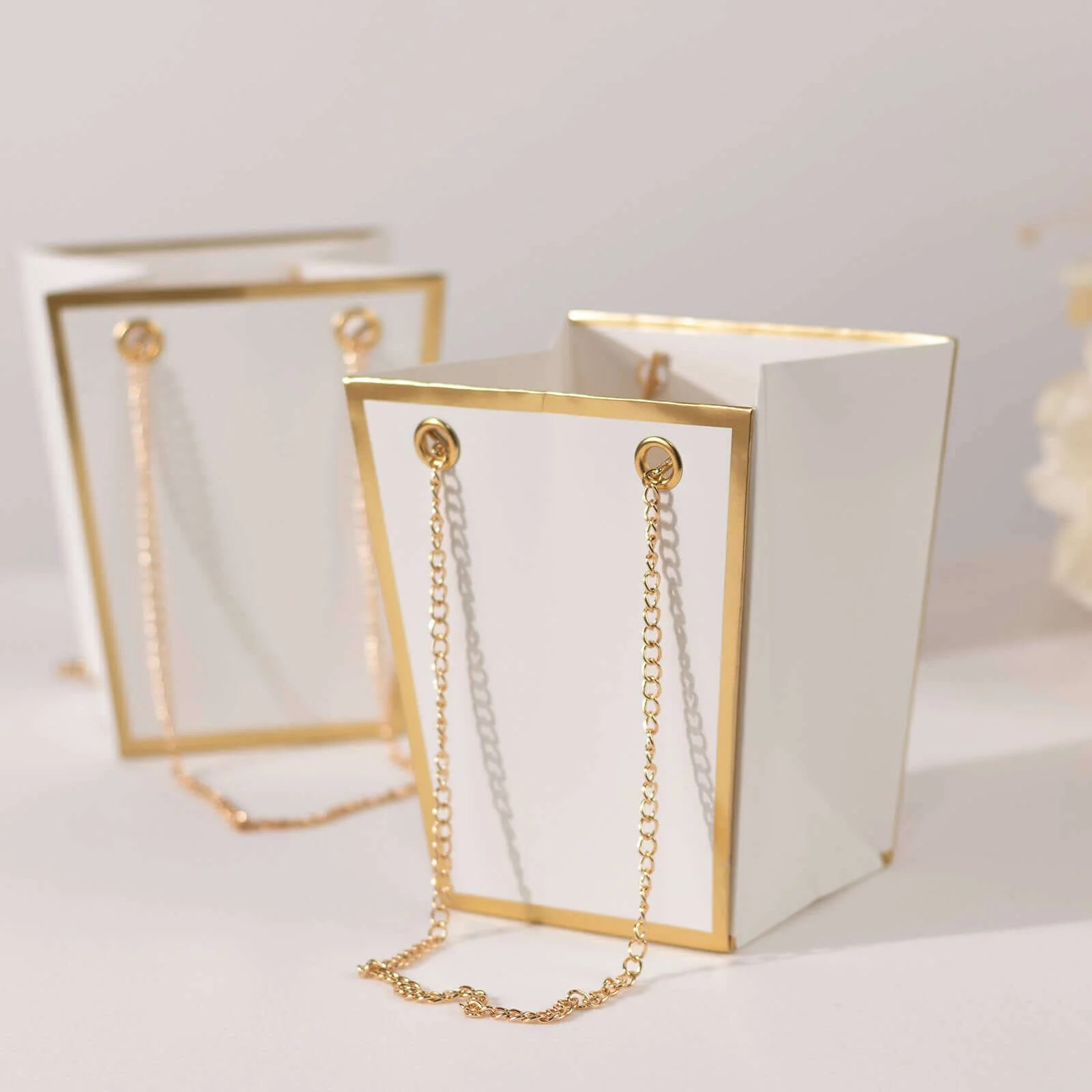 6 Pack White Gold Edge Paper Flower Gift Bags With Metal Chain Handles, Party Favor Tote Bags in Trapezoid Shape - 5"x6" - Image 11
