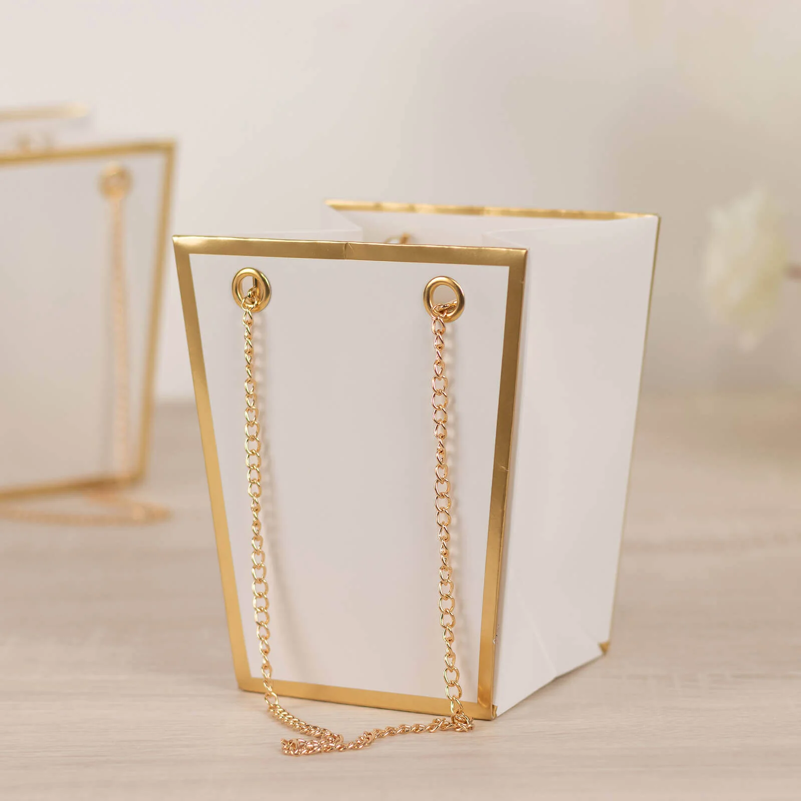 6 Pack White Gold Edge Paper Flower Gift Bags With Metal Chain Handles, Party Favor Tote Bags in Trapezoid Shape - 5"x6" - Image 8