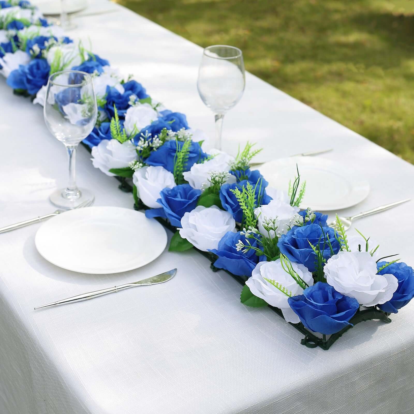 6 Pack White Royal Blue Silk Rose Flower Panel Table Runner, Artificial Floral Arrangements Dining Table Decor - 20"x8" - Image 6