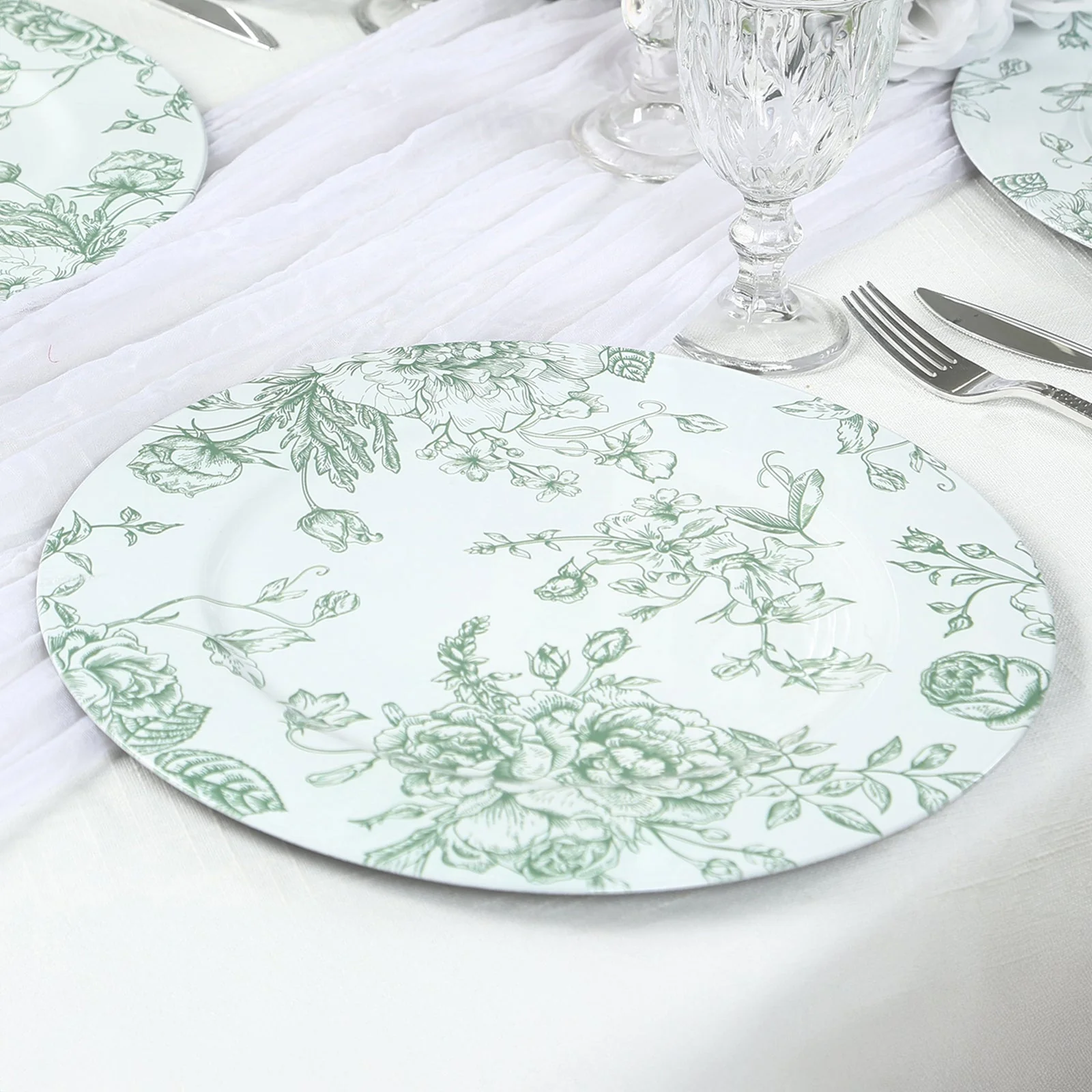 6 Pack Floral Acrylic Charger Plates in French Toile Pattern, White Sage Green Round Dinner Charger Event Tabletop Decor - 13" - Image 8