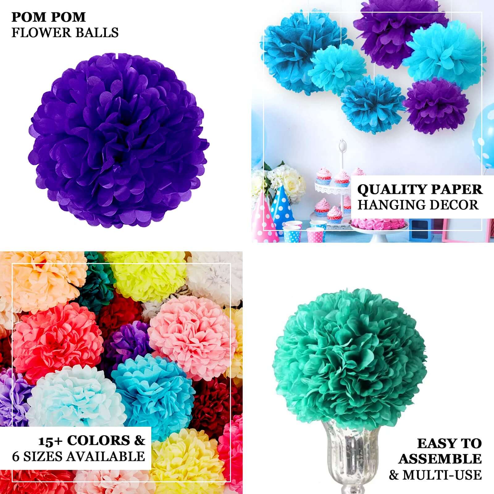 6 Pack White Tissue Paper Pom Poms Flower Balls, Ceiling Wall Hanging Decorations - 12" - Image 4