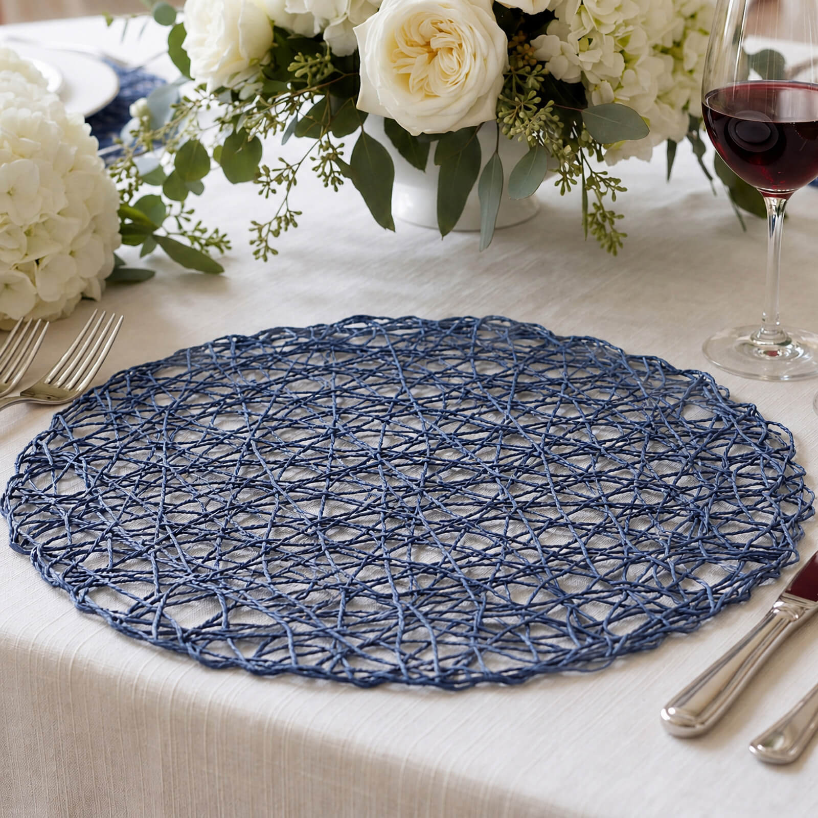 6-Pack Woven Fiber Table Placemats 15" Round Design Denim Blue - Disposable Dining Mats - Image 3