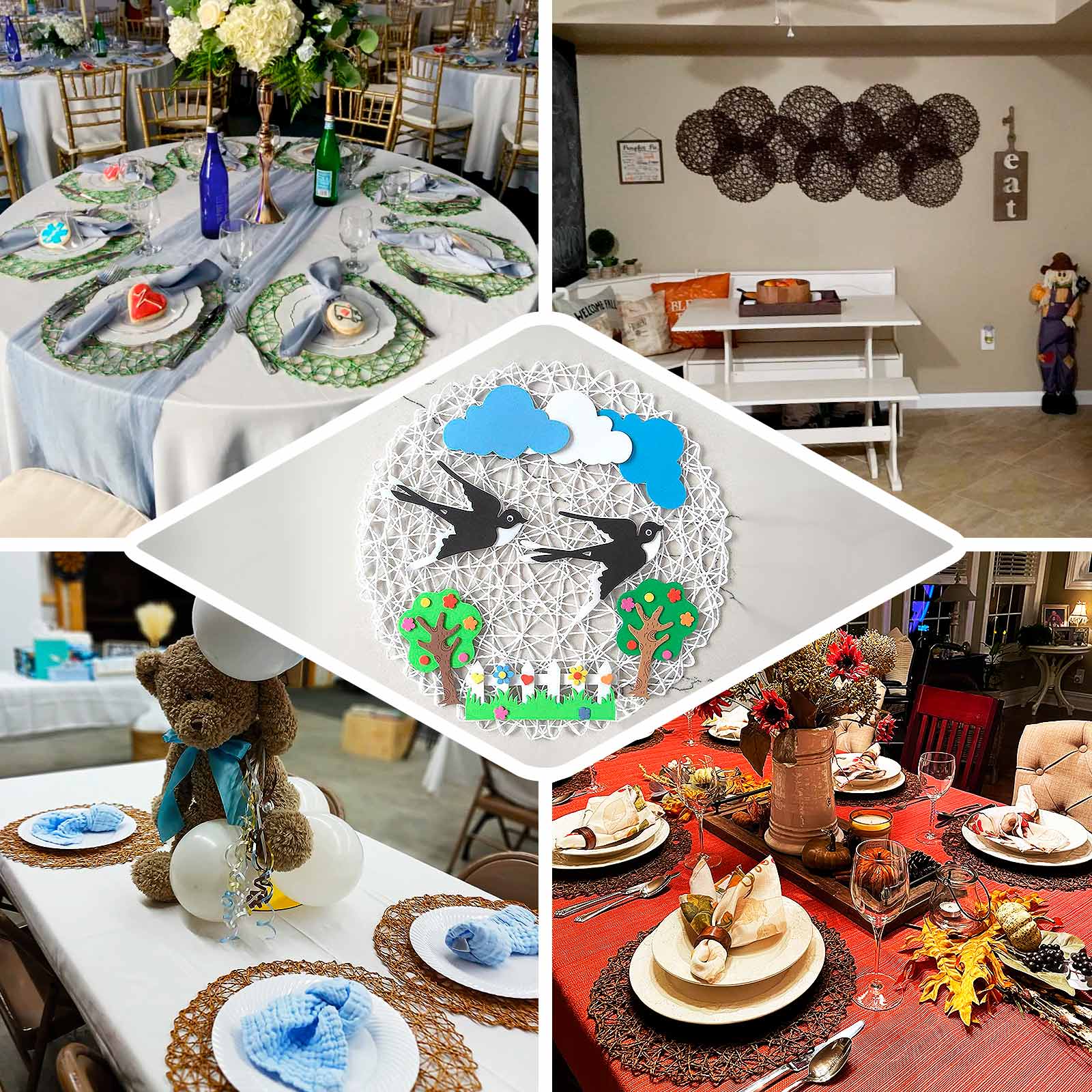 6-Pack Woven Fiber Table Placemats 15" Round Design Denim Blue - Disposable Dining Mats - Image 5