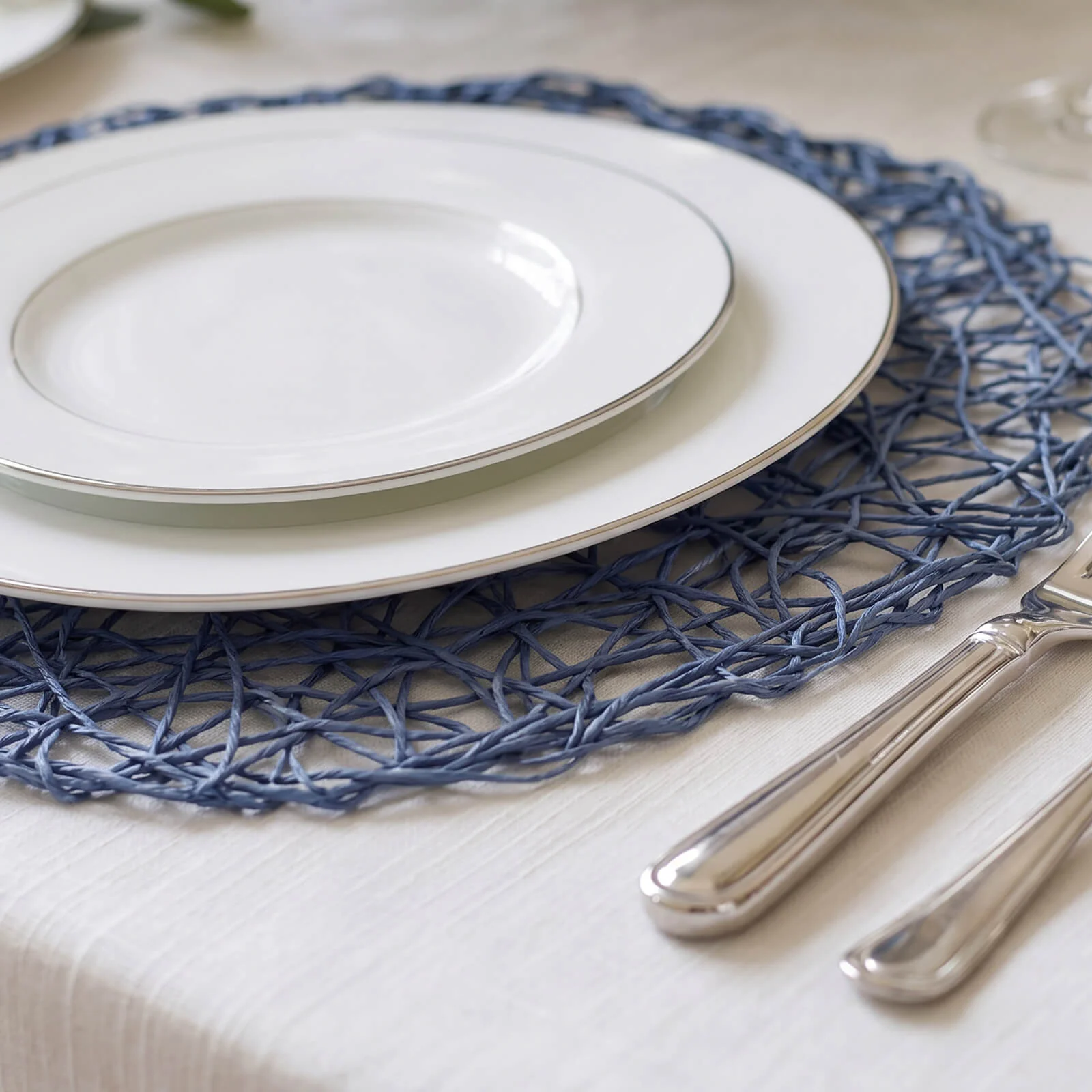 6-Pack Woven Fiber Table Placemats 15" Round Design Denim Blue - Disposable Dining Mats - Image 7
