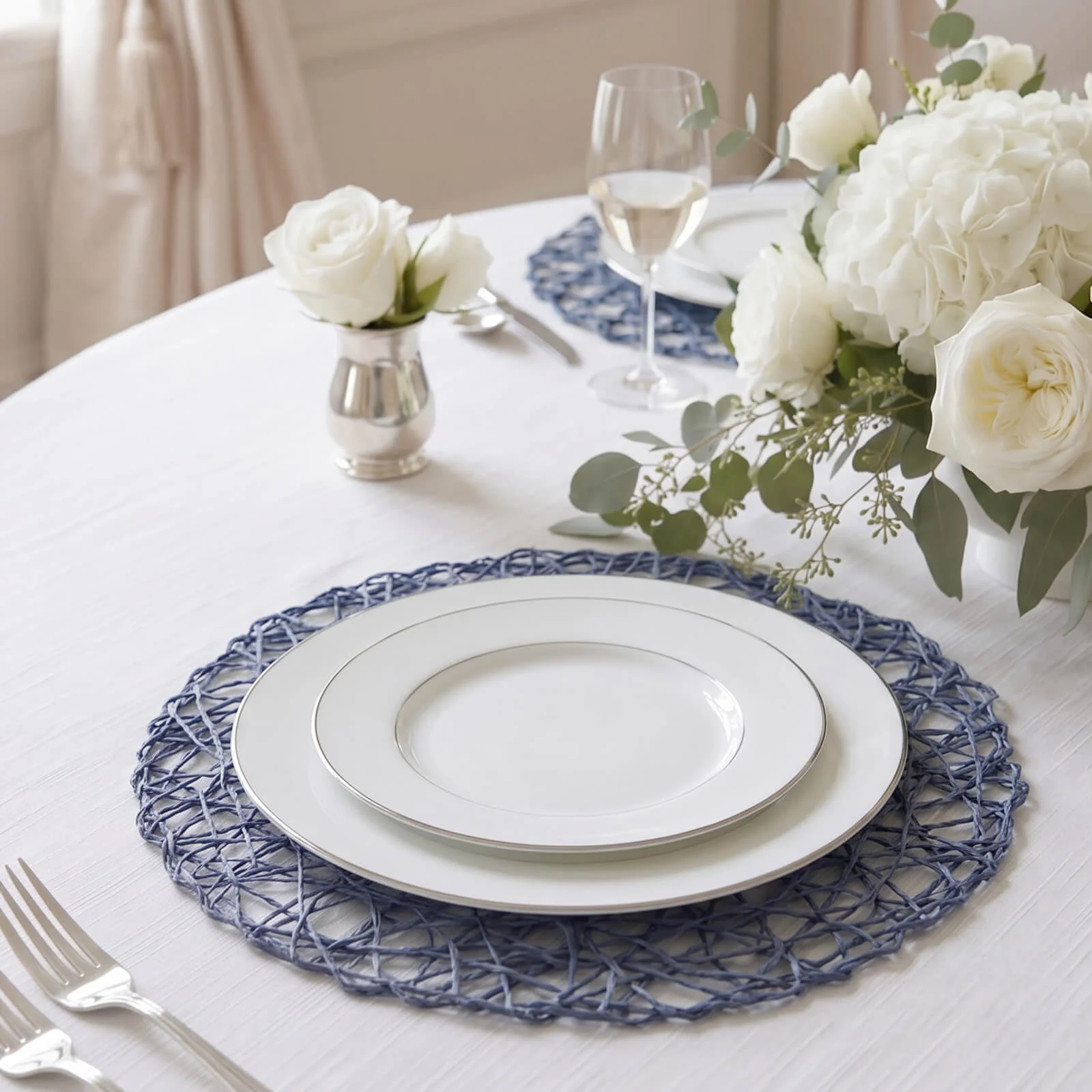 6-Pack Woven Fiber Table Placemats 15" Round Design Denim Blue - Disposable Dining Mats - Image 8