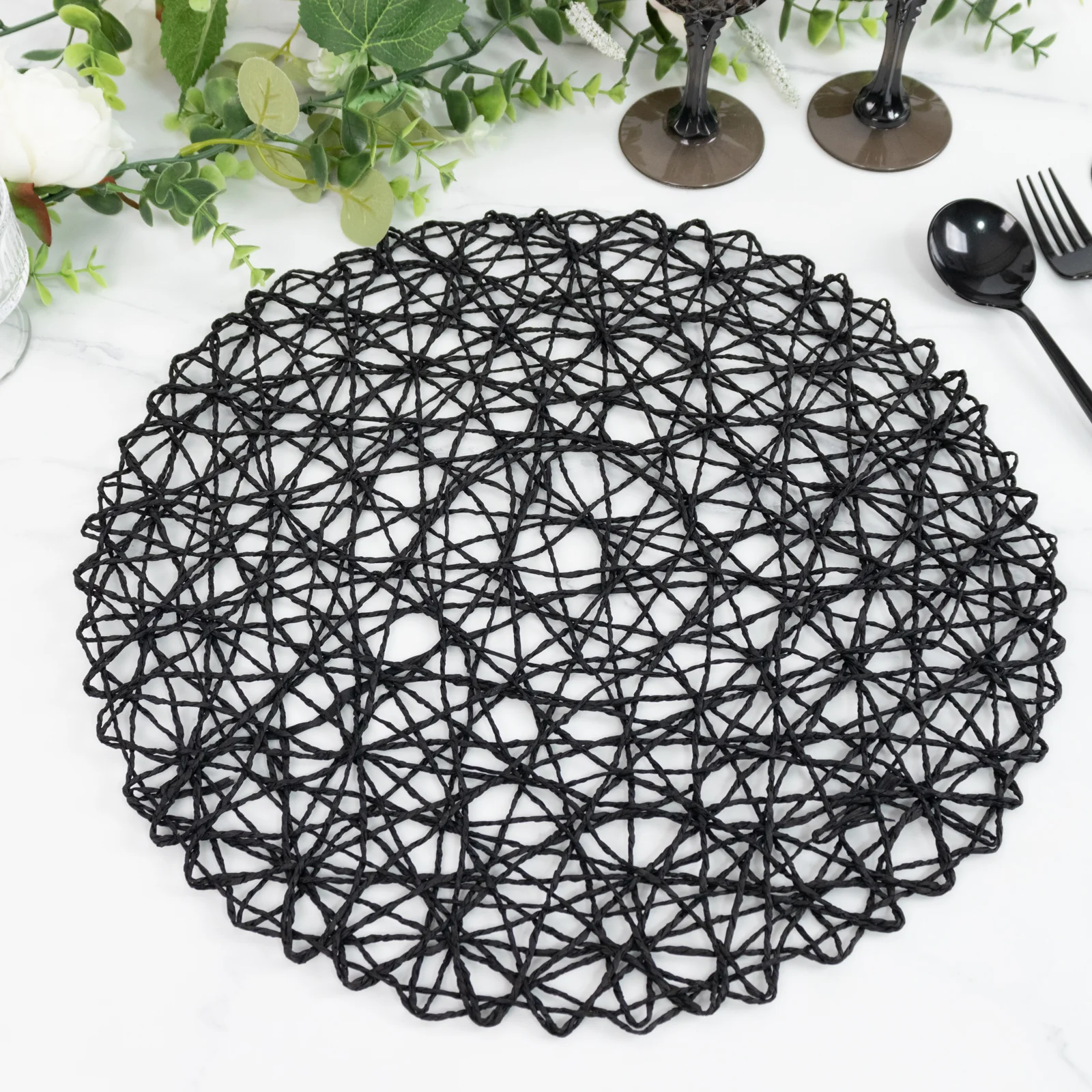 6-Pack Woven Fiber Table Placemats 15" Round Design Black - Disposable Dining Mats - Image 6