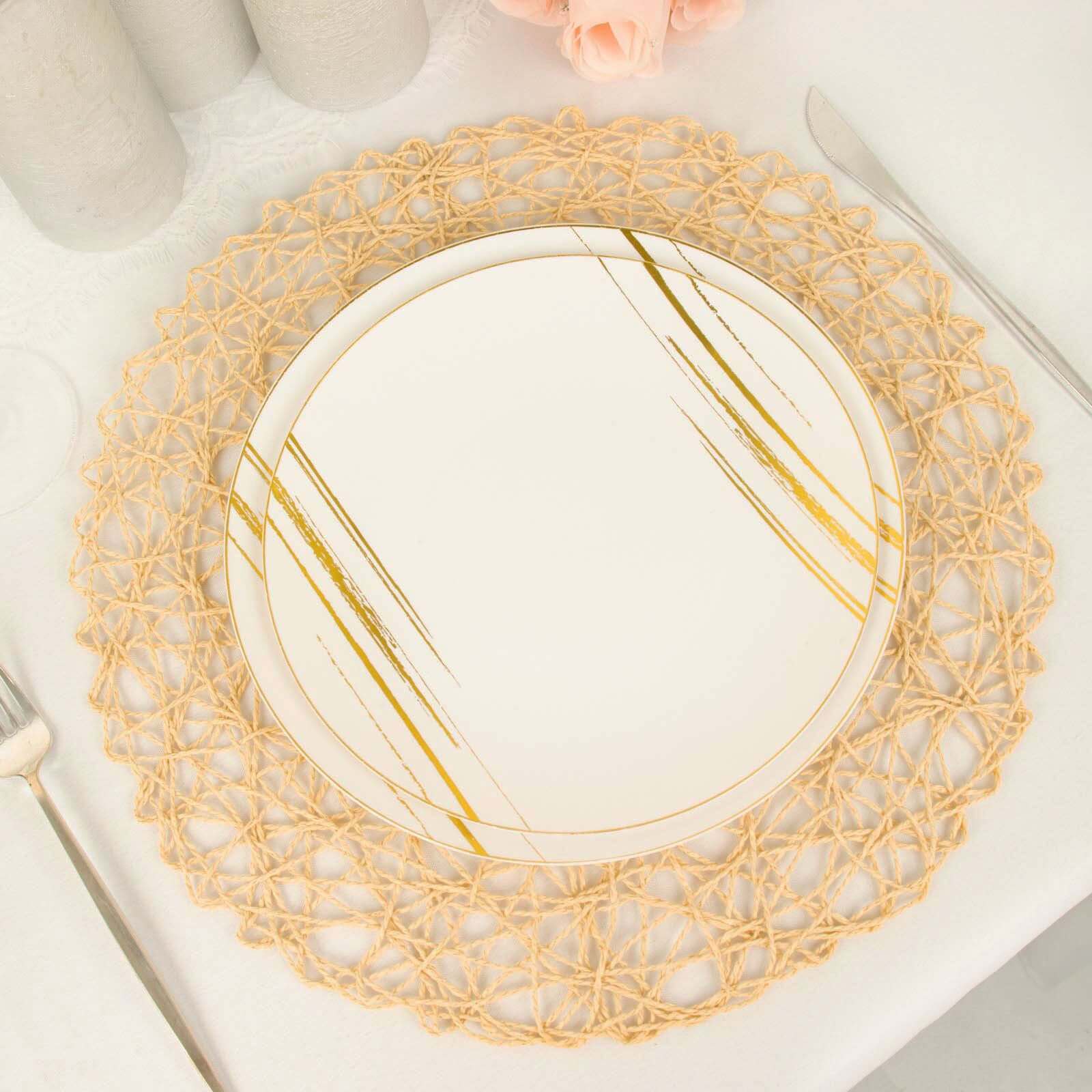 6-Pack Woven Fiber Table Placemats 15" Round Design Beige - Disposable Dining Mats - Image 7