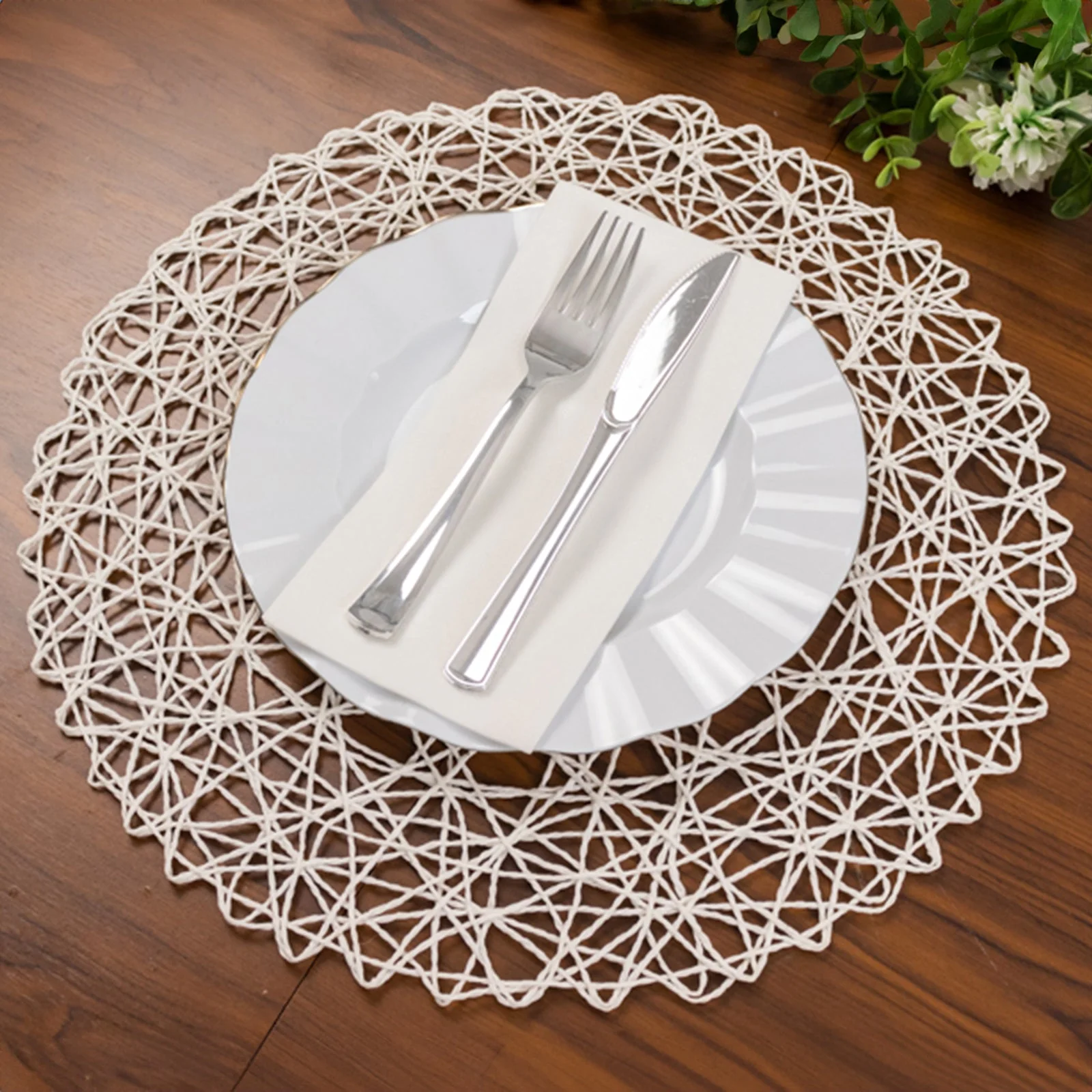 6-Pack Woven Fiber Table Placemats 15" Round Design White - Disposable Dining Mats for Stylish Settings - Image 6